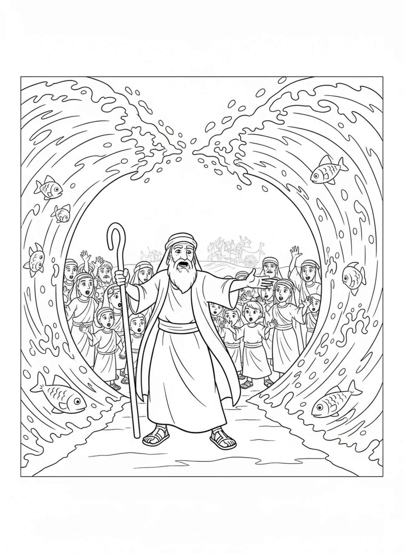 Moses, der das Rote Meer teilt, Ausmalbild der zwölf Stämme Israels für Kinder im Alter von 5-10 Jahren