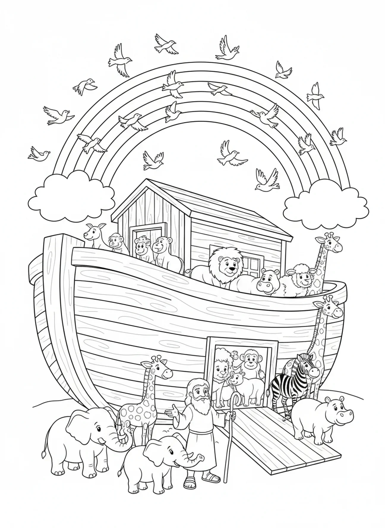 Noah führt Tiere zur Arche, Ausmalbild der Zwölf Stämme Israels für Kinder im Alter von 5-10 Jahren
