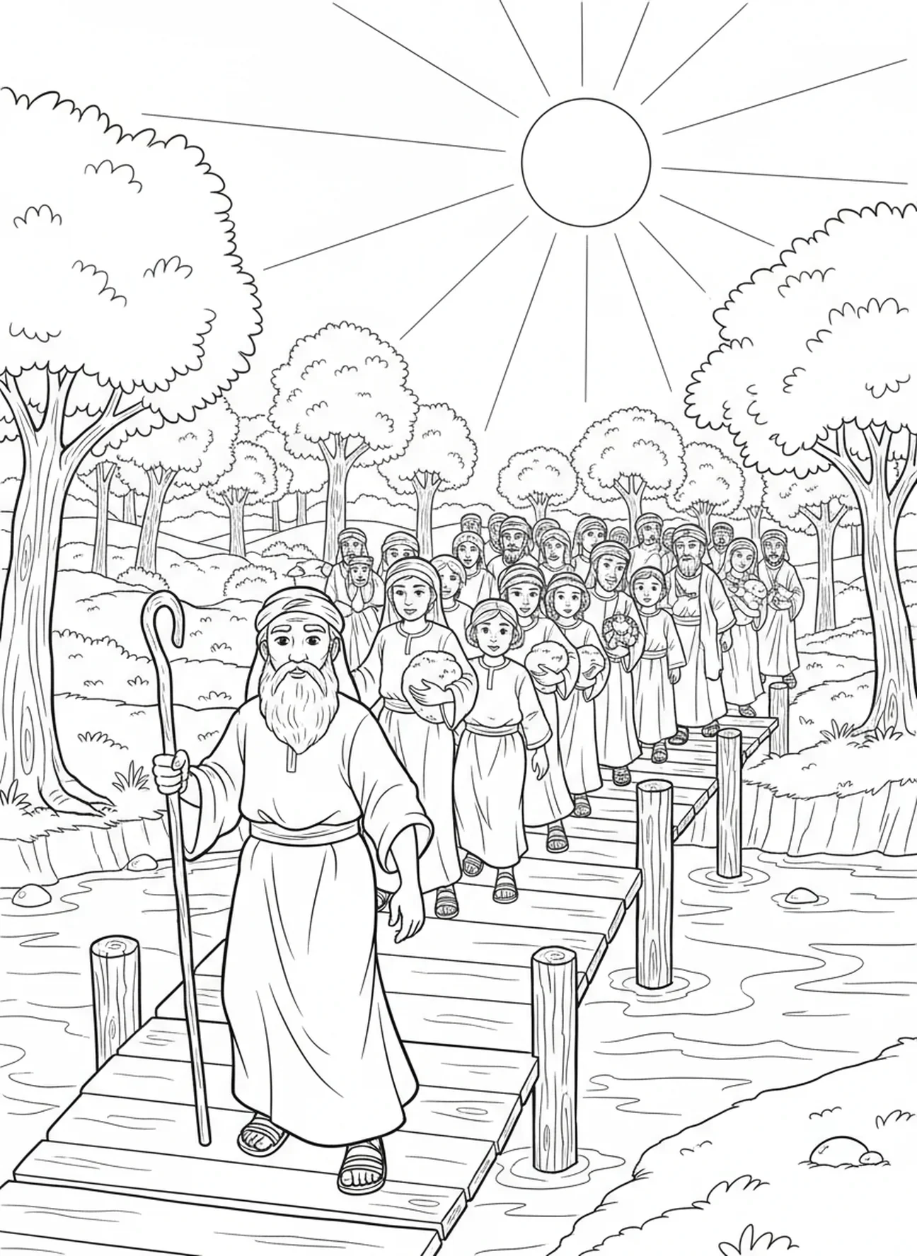 Moses führt die Stämme über den Fluss, Ausmalbild der Zwölf Stämme für Kinder im Alter von 5-10 Jahren