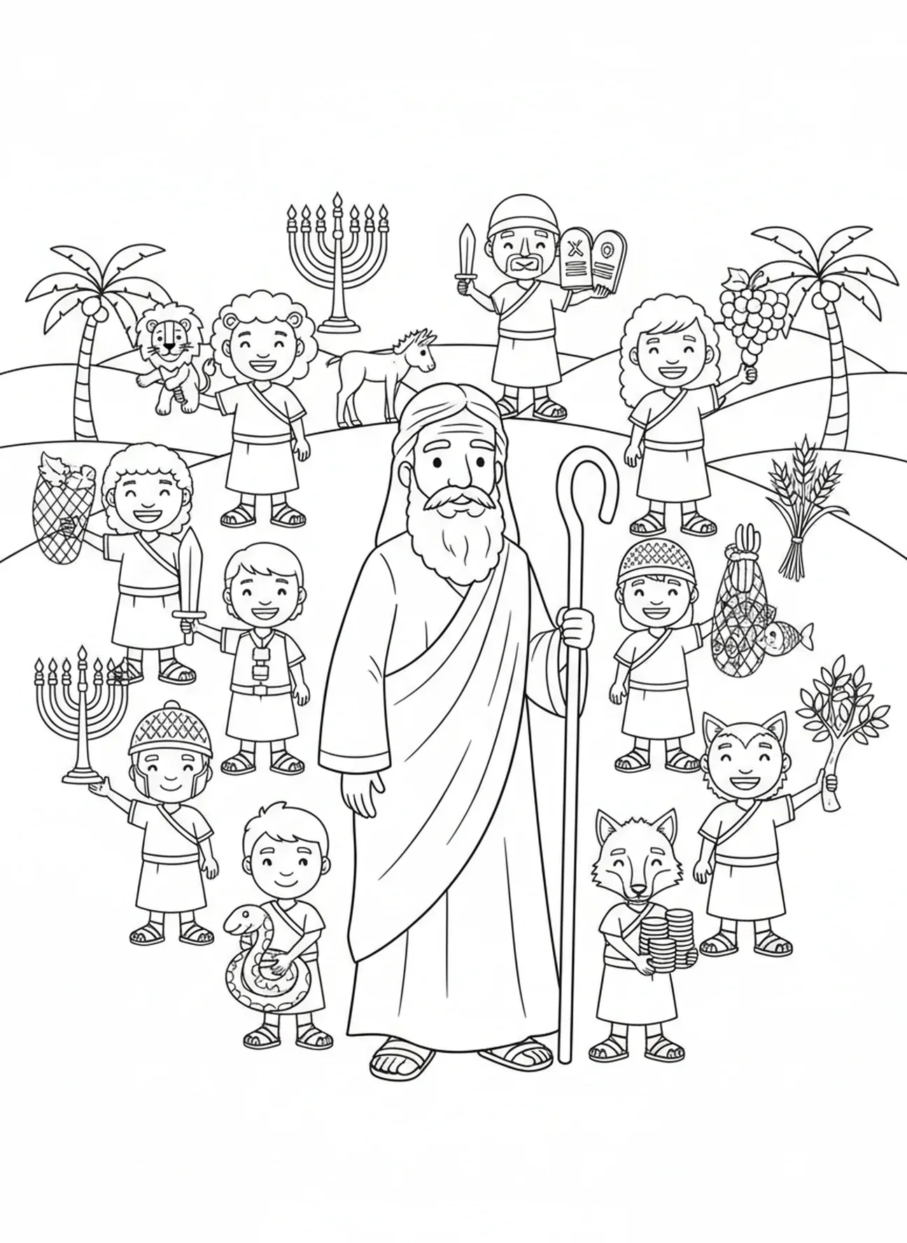 Moses mit den zwölf Stämmen, Ausmalbild der zwölf Stämme für Kinder im Alter von 5-10 Jahren