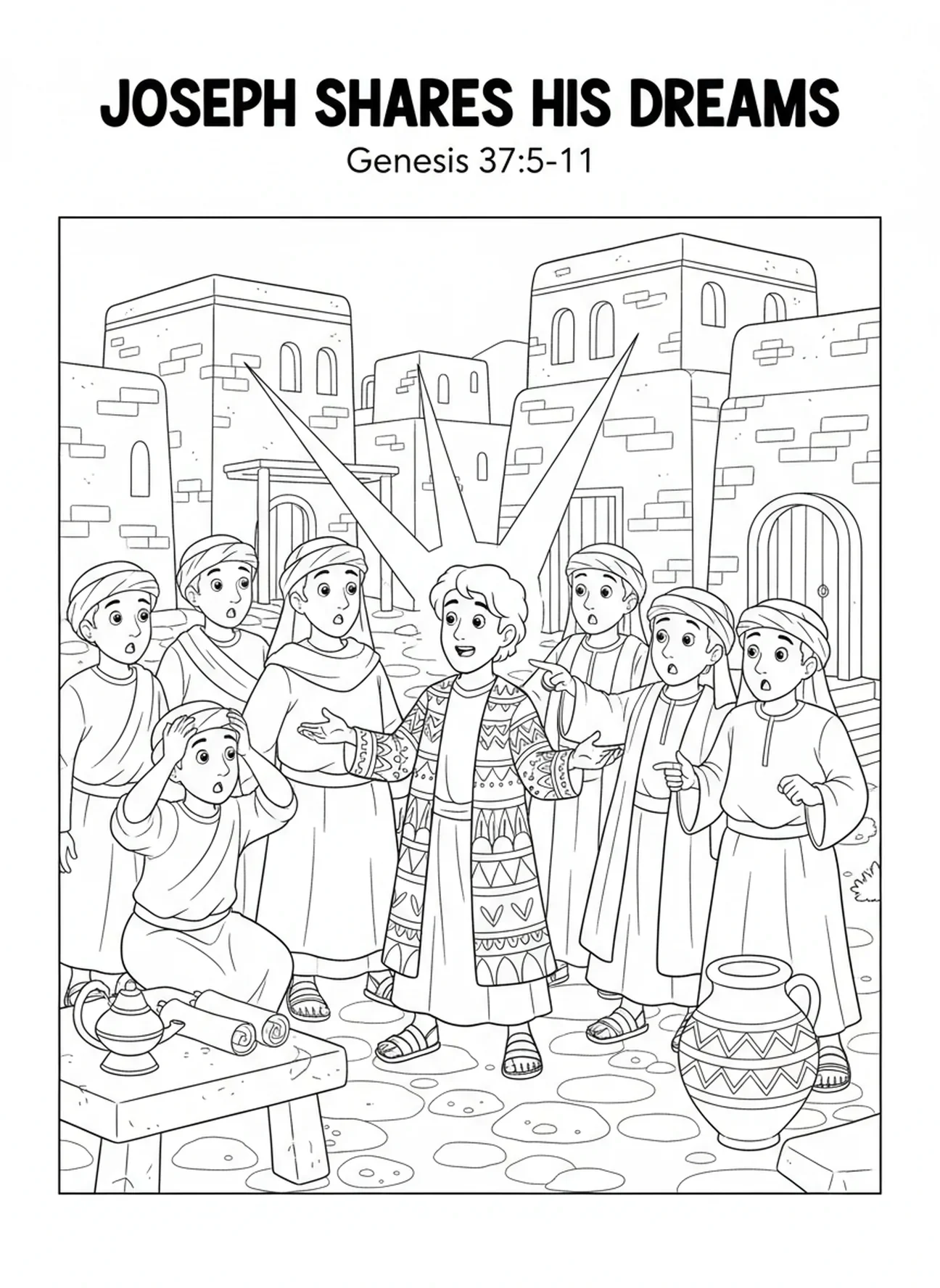 Josef teilt seine Träume, Ausmalbild der zwölf Stämme für Sonntagsschulkinder im Alter von 5-12 Jahren.