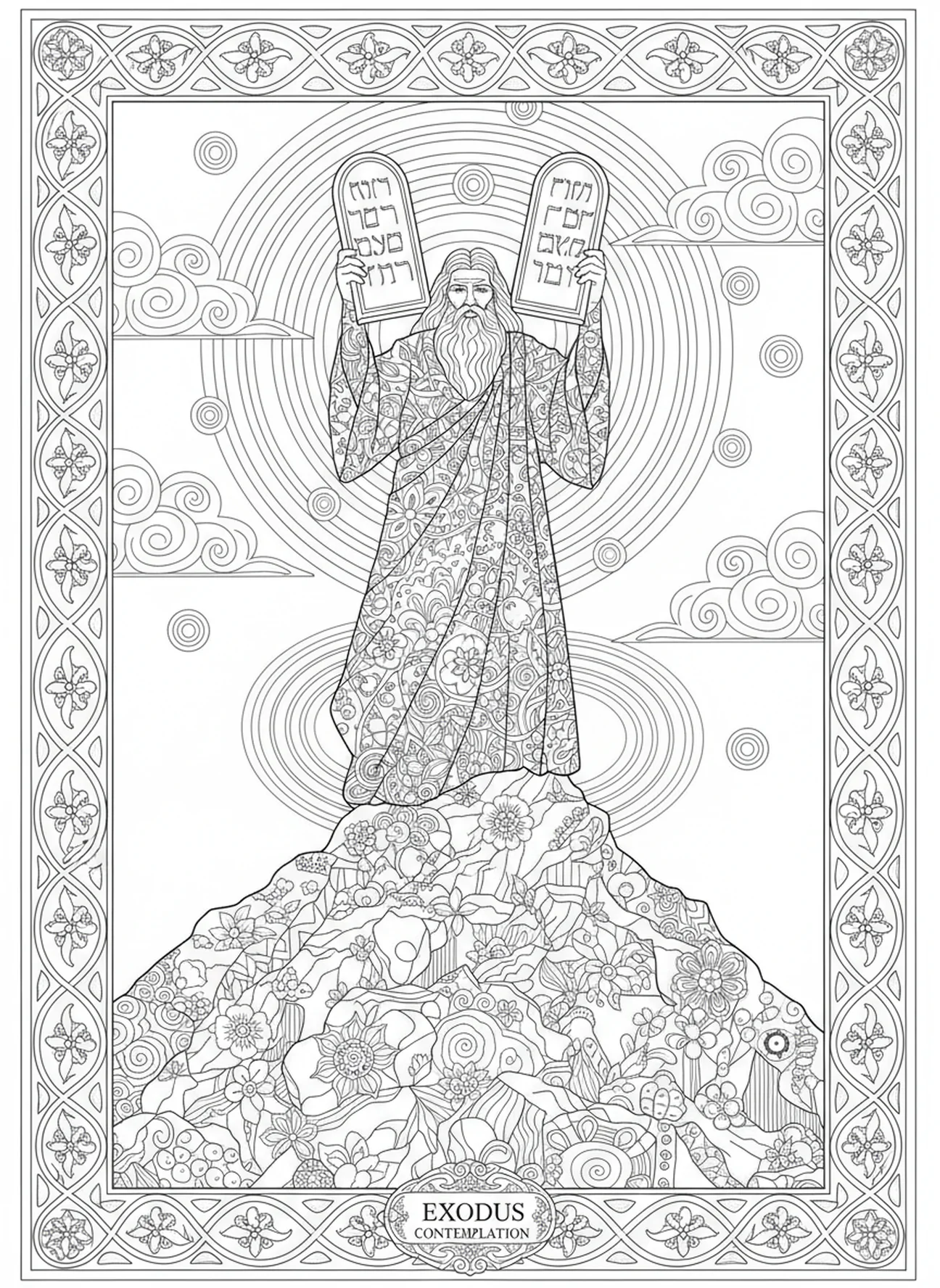 Moses auf dem Berggipfel mit den Tafeln, Ausmalbild der zwei Steintafeln für Erwachsene im Stil des Bibeljournaling
