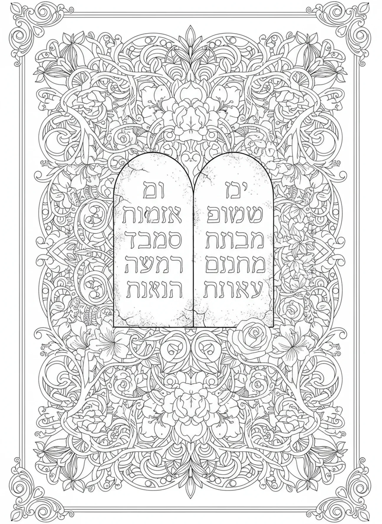 Zwei Steintafeln mit floralen Mustern, Ausmalbild der Steintafeln für Erwachsene im Bibel-Journaling-Stil