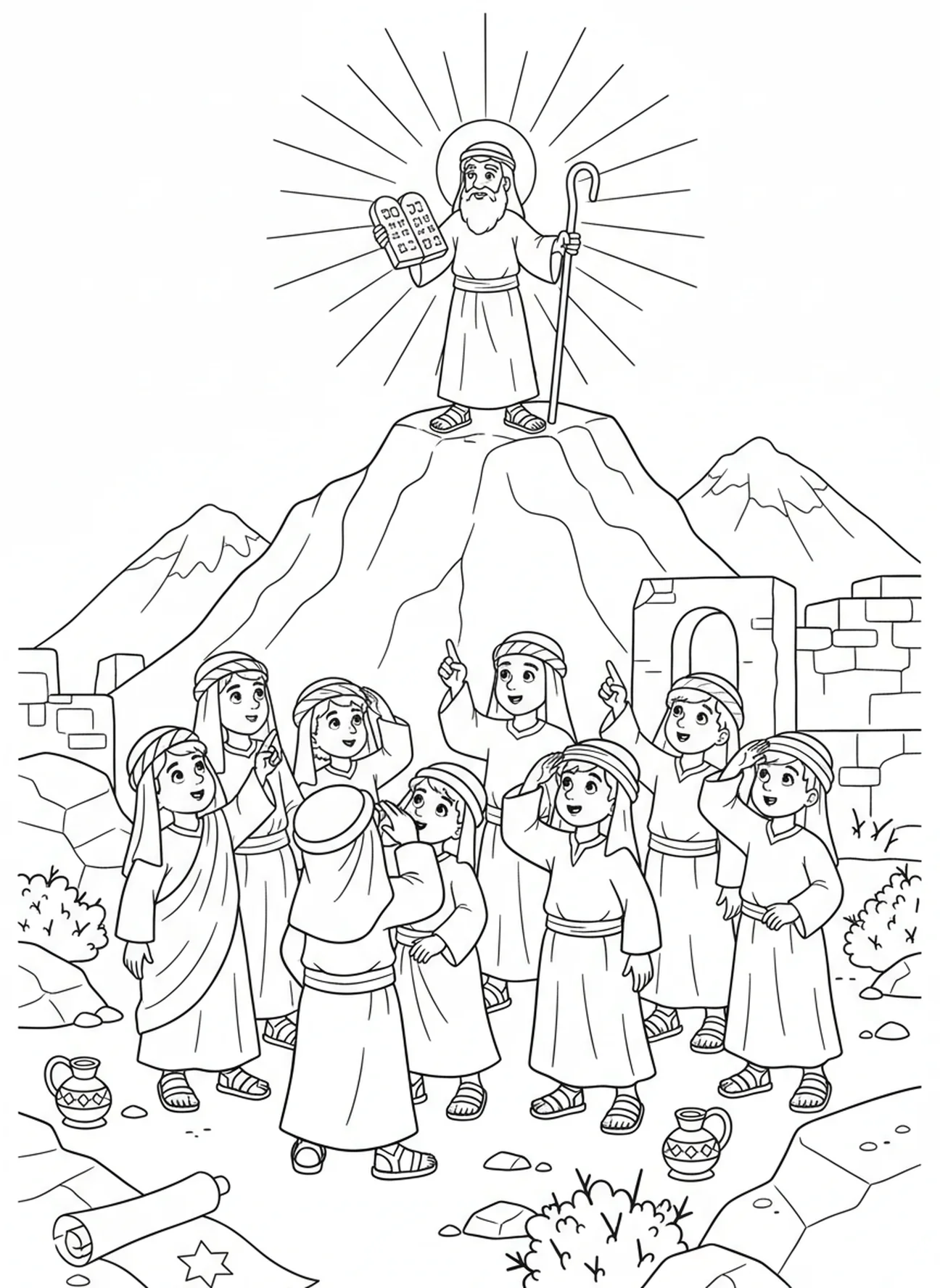 Grupo de israelitas observando Moisés, página para colorir das Duas Tábuas de Pedra para crianças da Escola Dominical de 5 a 12 anos.