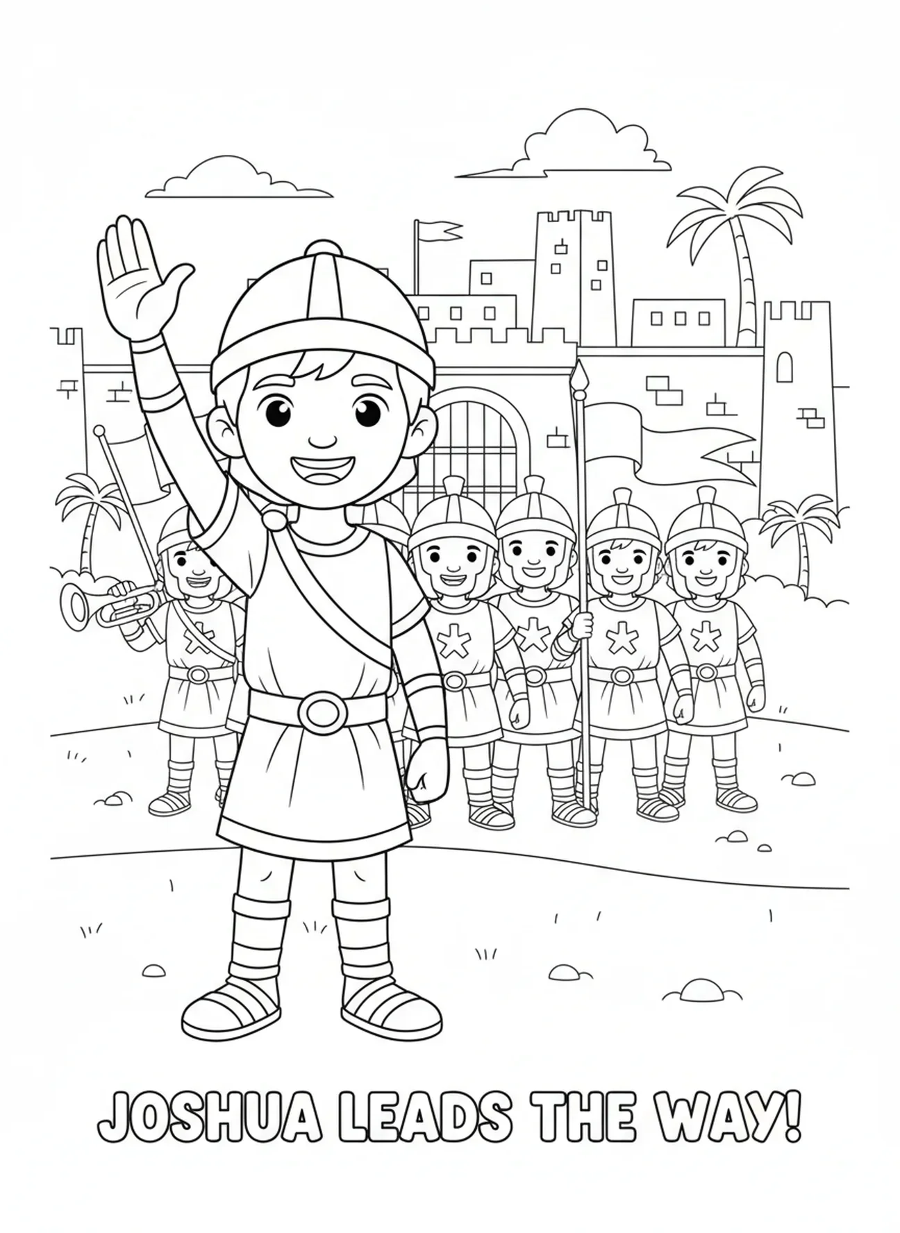 Josué liderando soldados, página para colorear del ejército de Jericó marchando alrededor de las murallas para niños de 5 a 10 años.