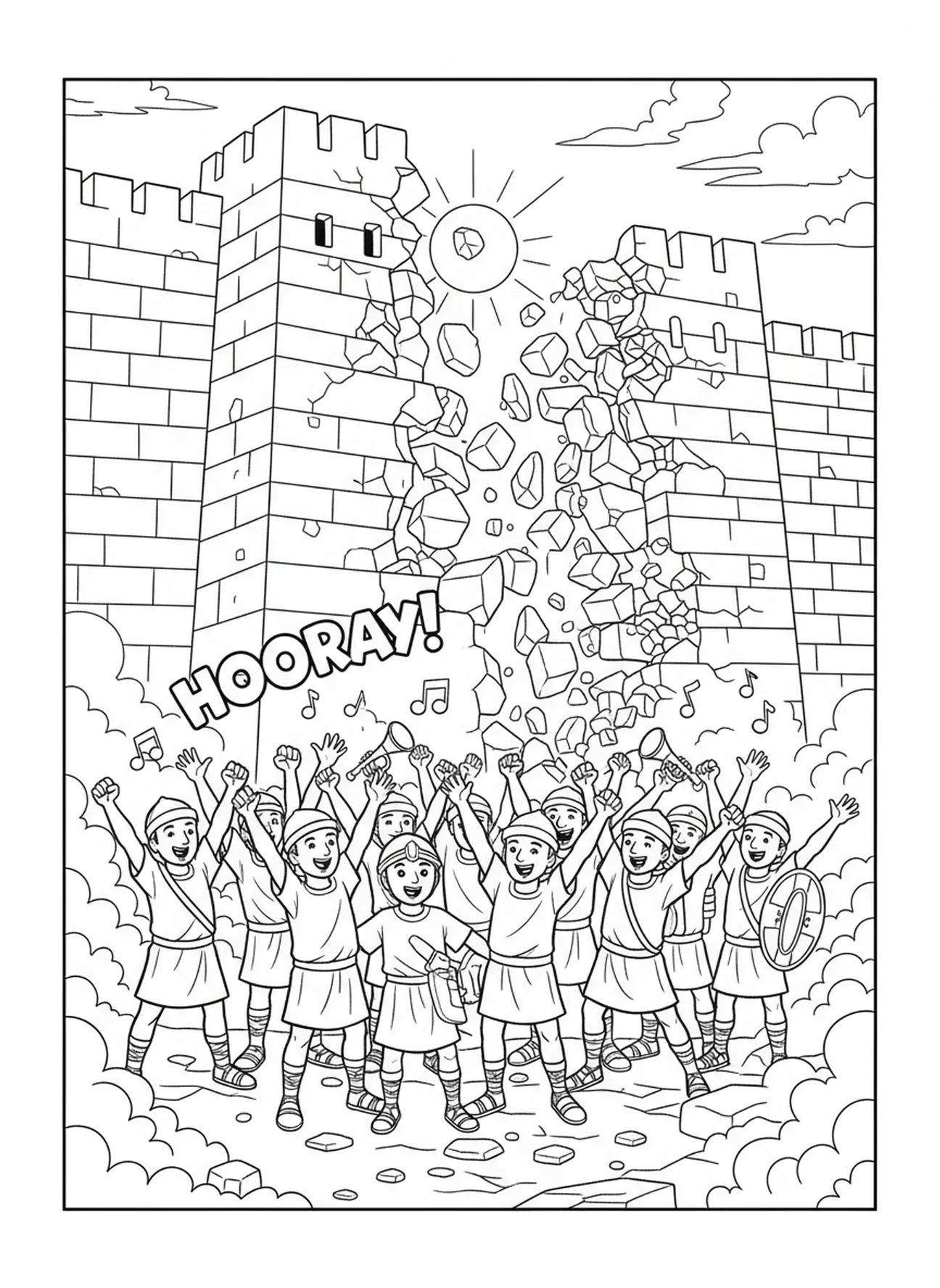 Muros de Jericó en ruinas, página para colorear del ejército de Jericó marchando alrededor de los muros para niños de 5 a 10 años.