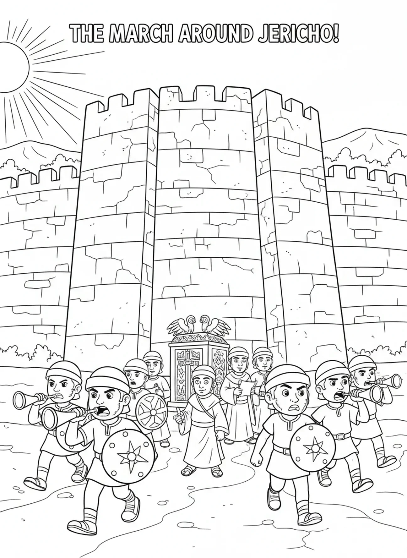 Altas murallas de Jericó, página para colorear de los soldados marchando alrededor de las murallas de Jericó para niños de 5 a 10 años.