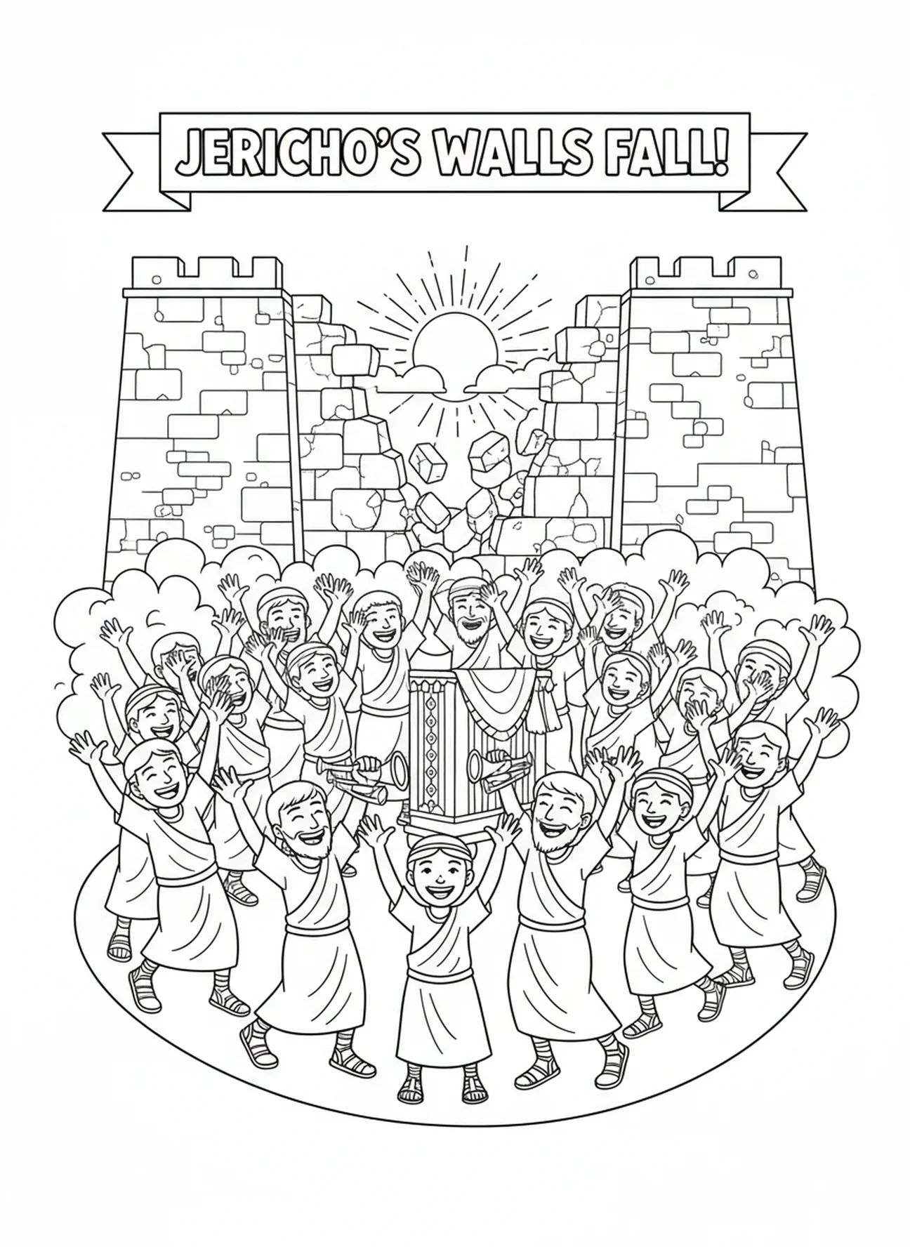 Israeliten tanzen fröhlich, Priester der Mauern von Jericho blasen Trompeten Ausmalbild für Kinder im Alter von 5-10 Jahren.
