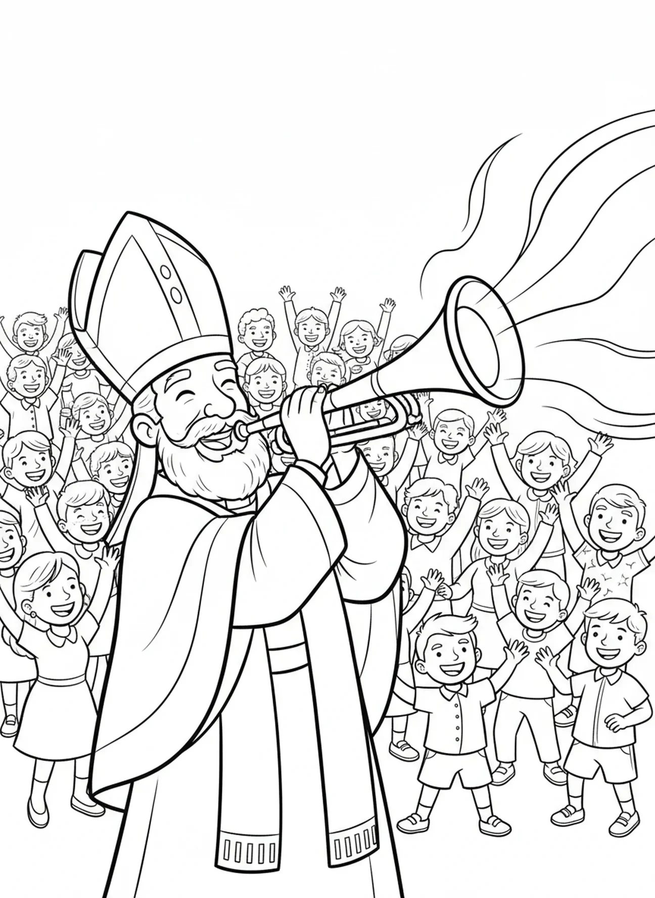 Priester bläst Trompete, Wände von Jericho Priester blasen Trompeten Ausmalbild für Kinder im Alter von 5-10 Jahren.