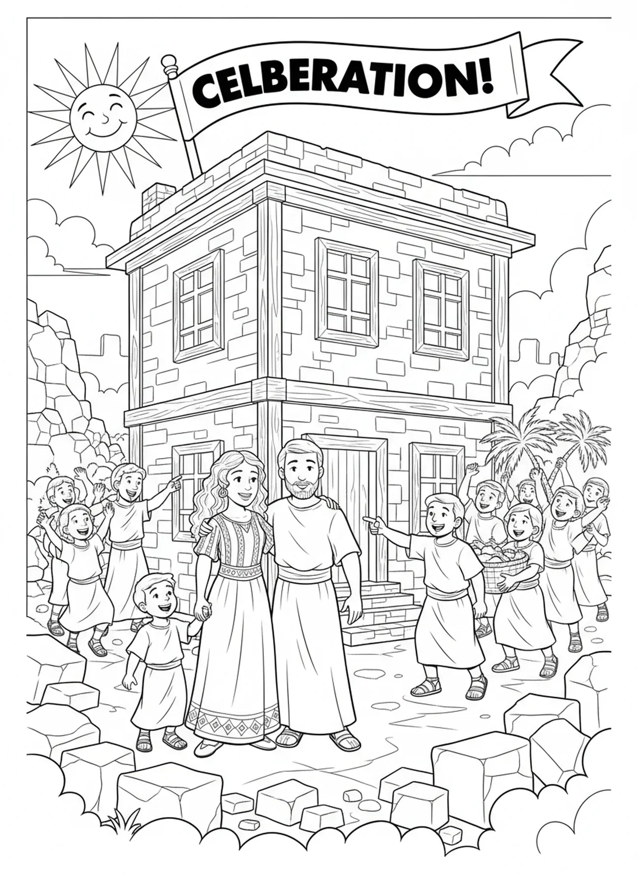 Rahab e sua família salvos, Páginas para colorir da Muralha de Jericó e o Cordão Escarlate de Rahab para crianças de 5 a 10 anos