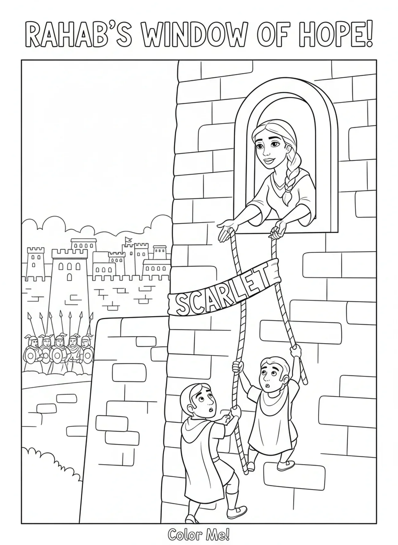 Corda escarlate da janela, Página para colorir da Corda Escarlate de Raabe nas Muralhas de Jericó para crianças de 5 a 10 anos