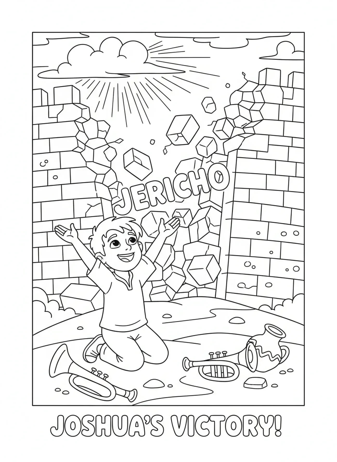 Joshua betet in Dankbarkeit, Ausmalbild der Mauern von Jericho für Kinder im Alter von 5-10 Jahren