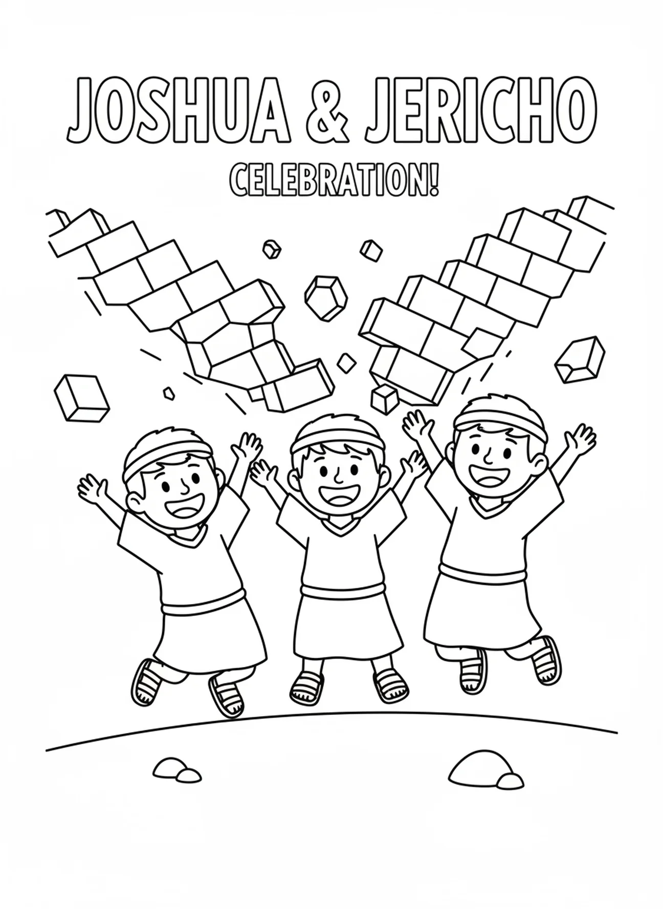 Josua und die Israeliten feiern, Malvorlage zu den Mauern von Jericho für Vorschulkinder im Alter von 3-5 Jahren