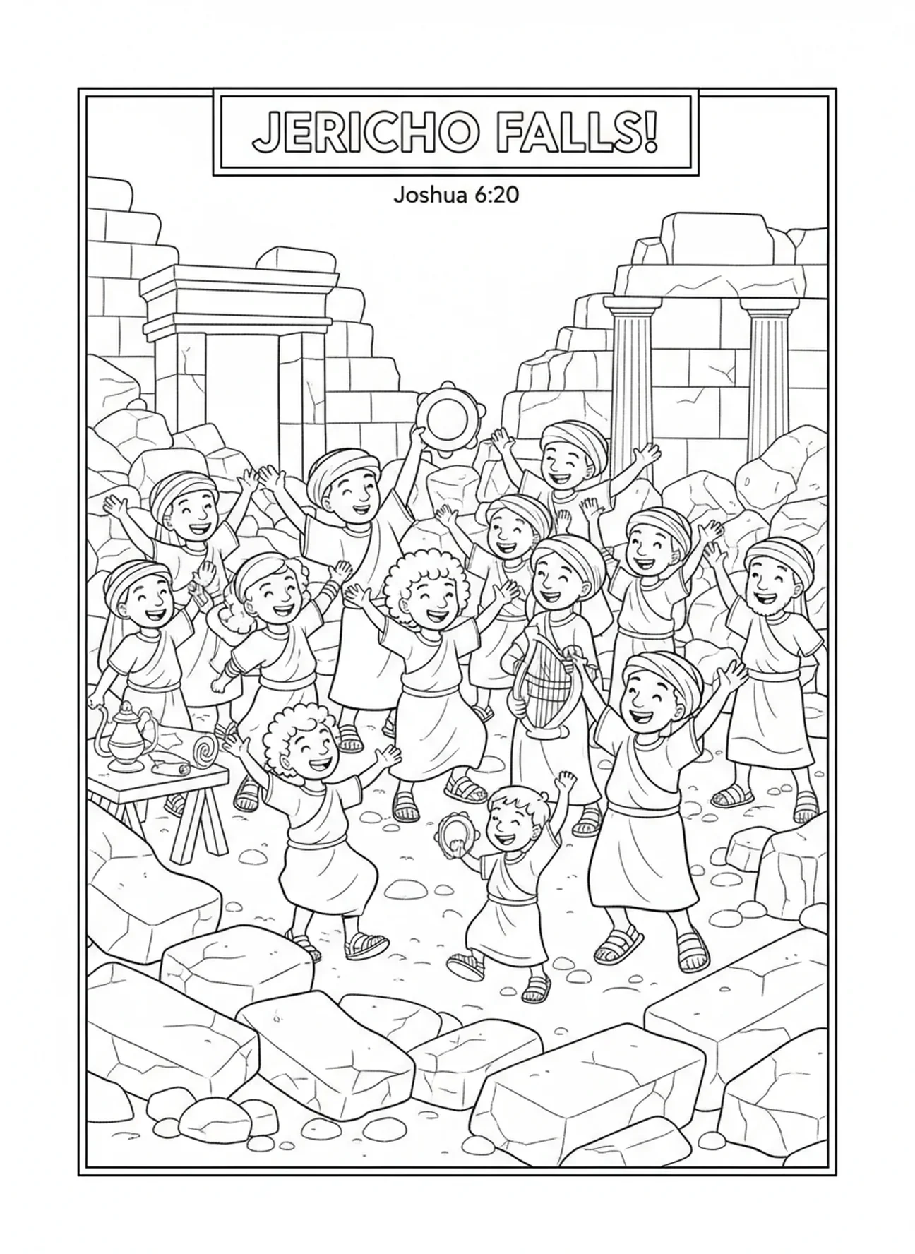 Page à colorier des Israélites célébrant, Murs de Jéricho pour les enfants de l'École du dimanche âgés de 5 à 12 ans