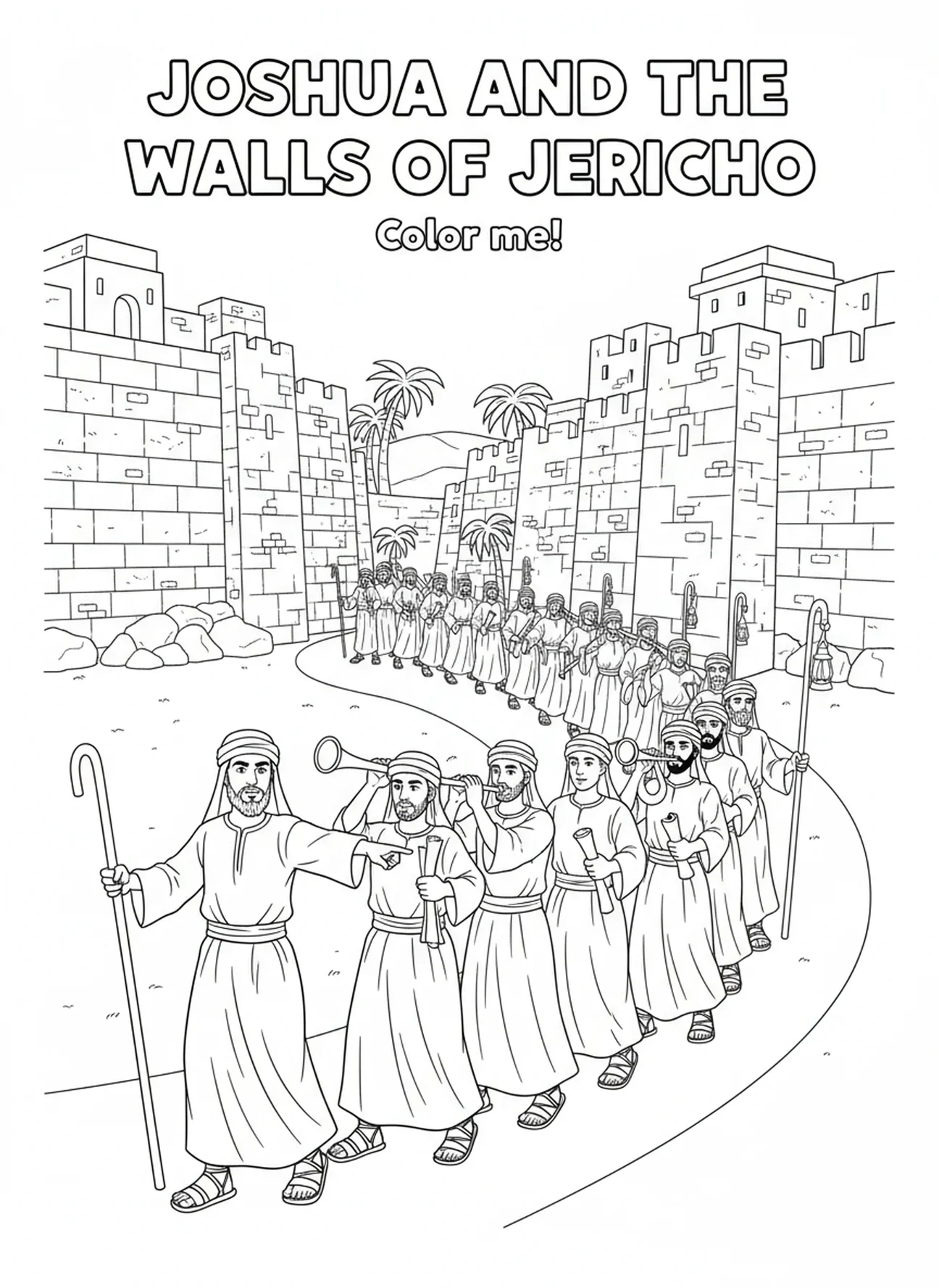 Israélites marchant, page à colorier des Murs de Jéricho pour les enfants de l'École du dimanche âgés de 5 à 12 ans