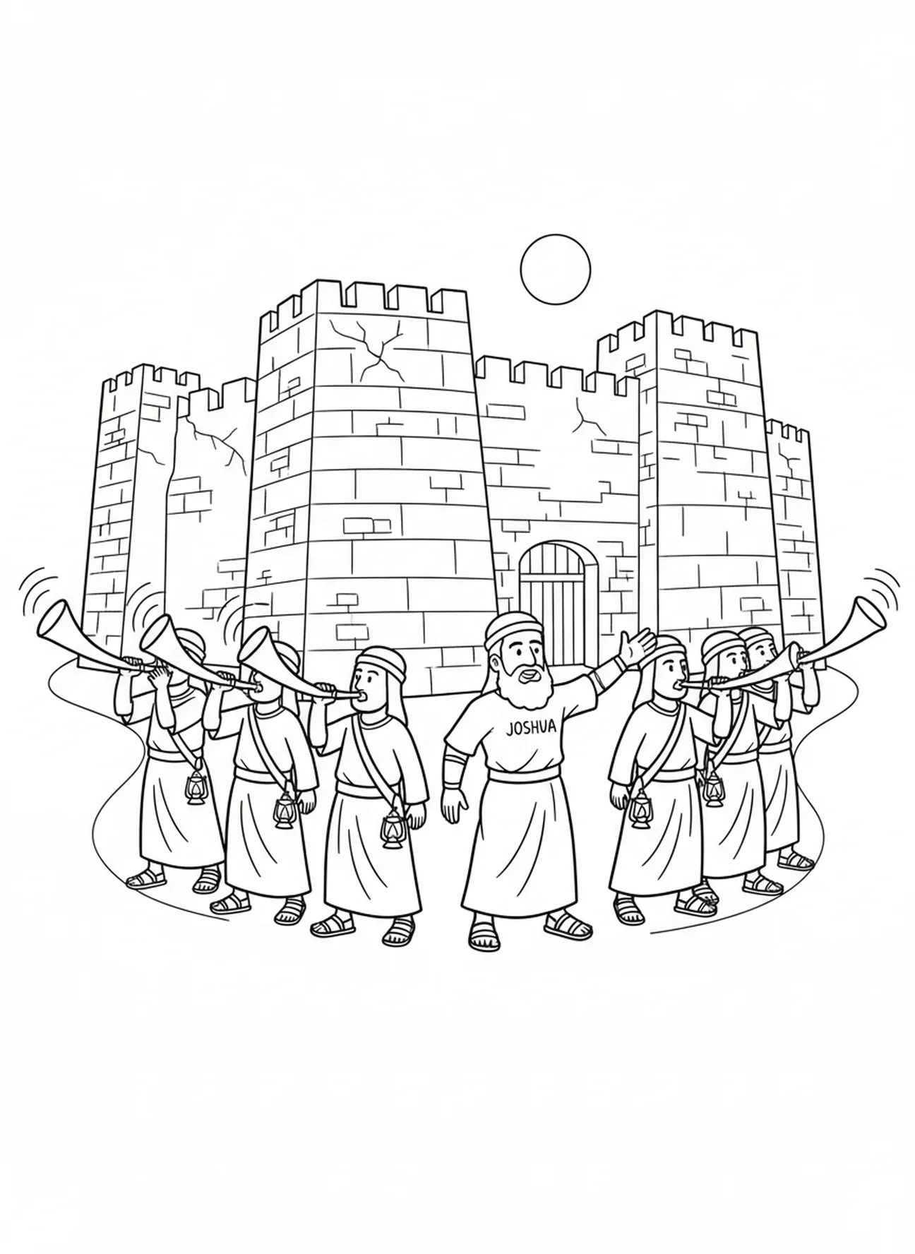 Israélites soufflant dans des trompettes, page à colorier des Murs de Jéricho pour les enfants de l'École du dimanche âgés de 5 à 12 ans