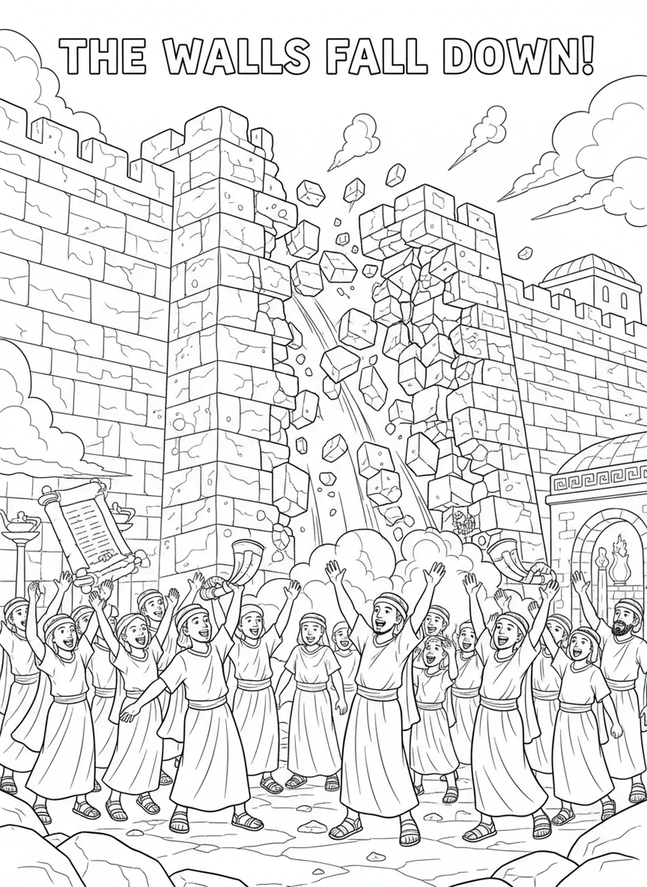 Chutes des murs de Jéricho, page à colorier sur les murs de Jéricho pour les enfants de l'École du dimanche âgés de 5 à 12 ans