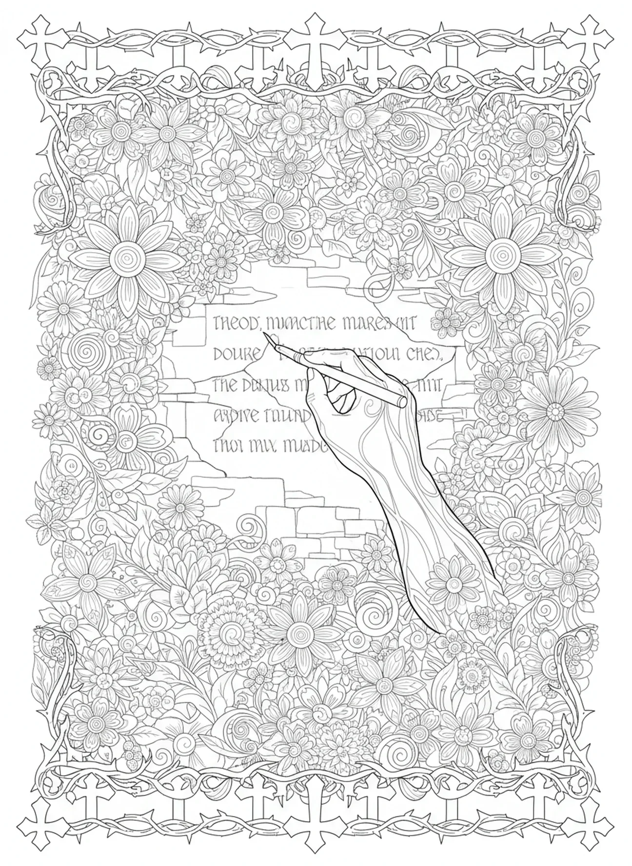 Mão misteriosa, página para colorir Escrevendo na Parede no estilo de journaling bíblico para adultos