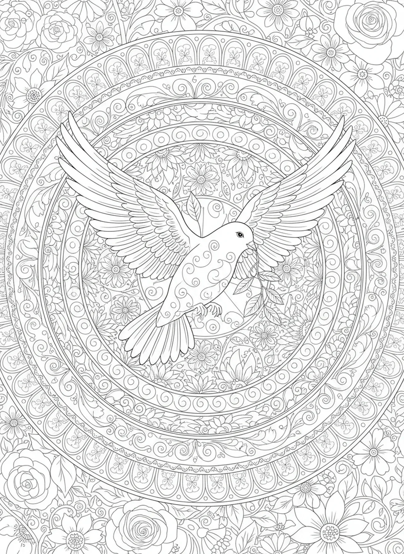 Paloma con rama de olivo, página para colorear de Rama de Olivo estilo journaling bíblico para adultos.