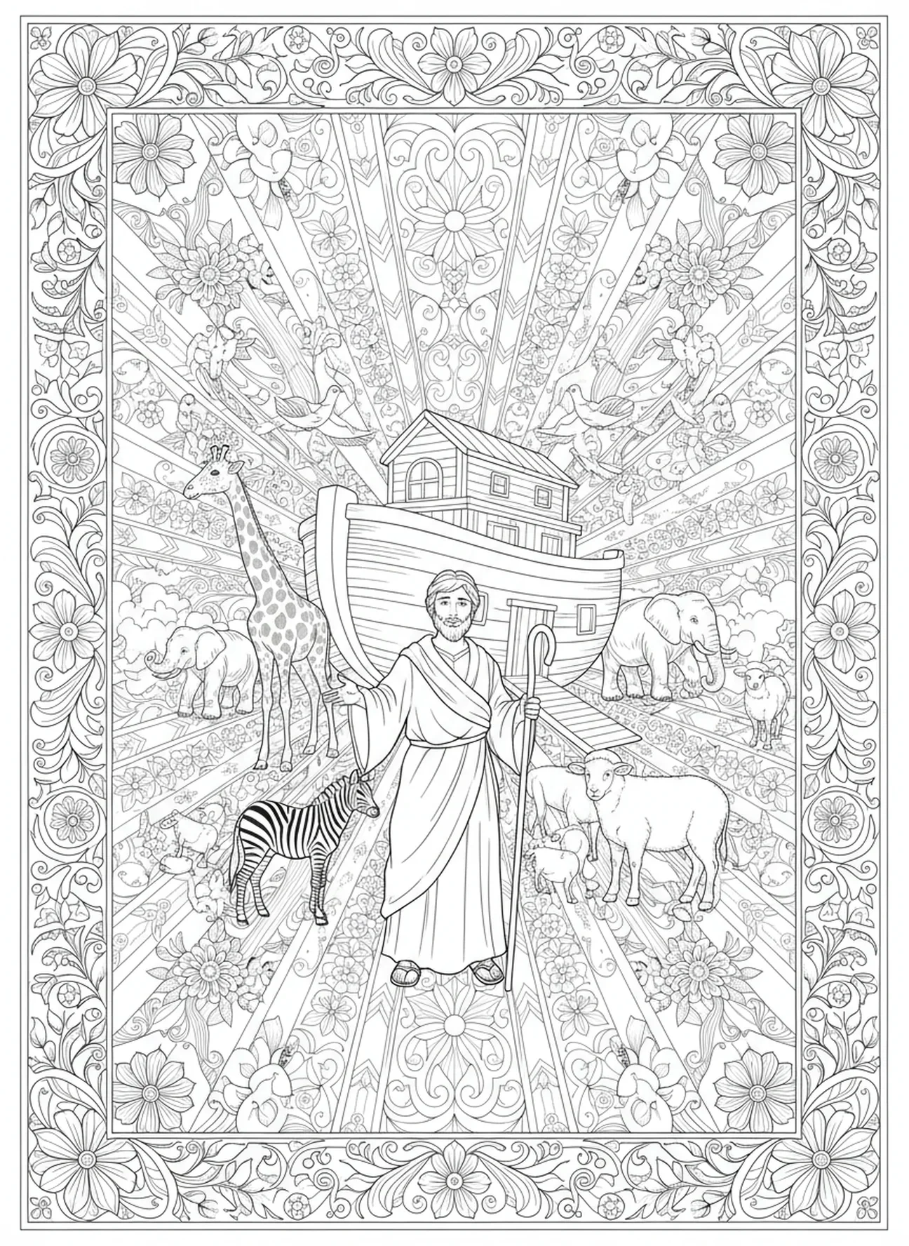 Noé con animales, página para colorear de la Rama de Olivo estilo Biblia para adultos.