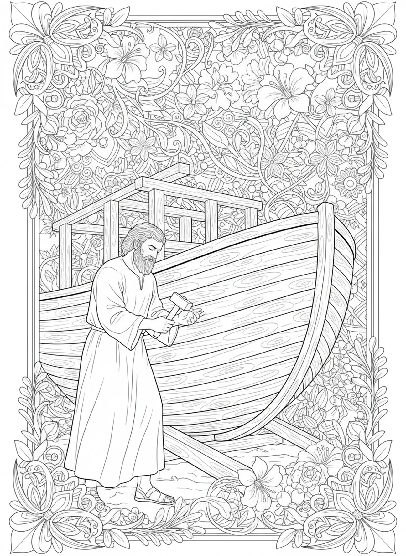 Noé construyendo el arca, página para colorear de la Rama de Olivo en estilo de journaling bíblico para adultos.
