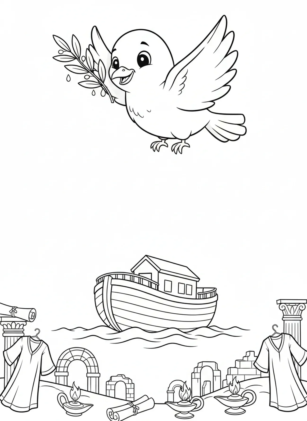 Dove with olive branch, Olive Branch coloring page for Sunday school children age 5-12.