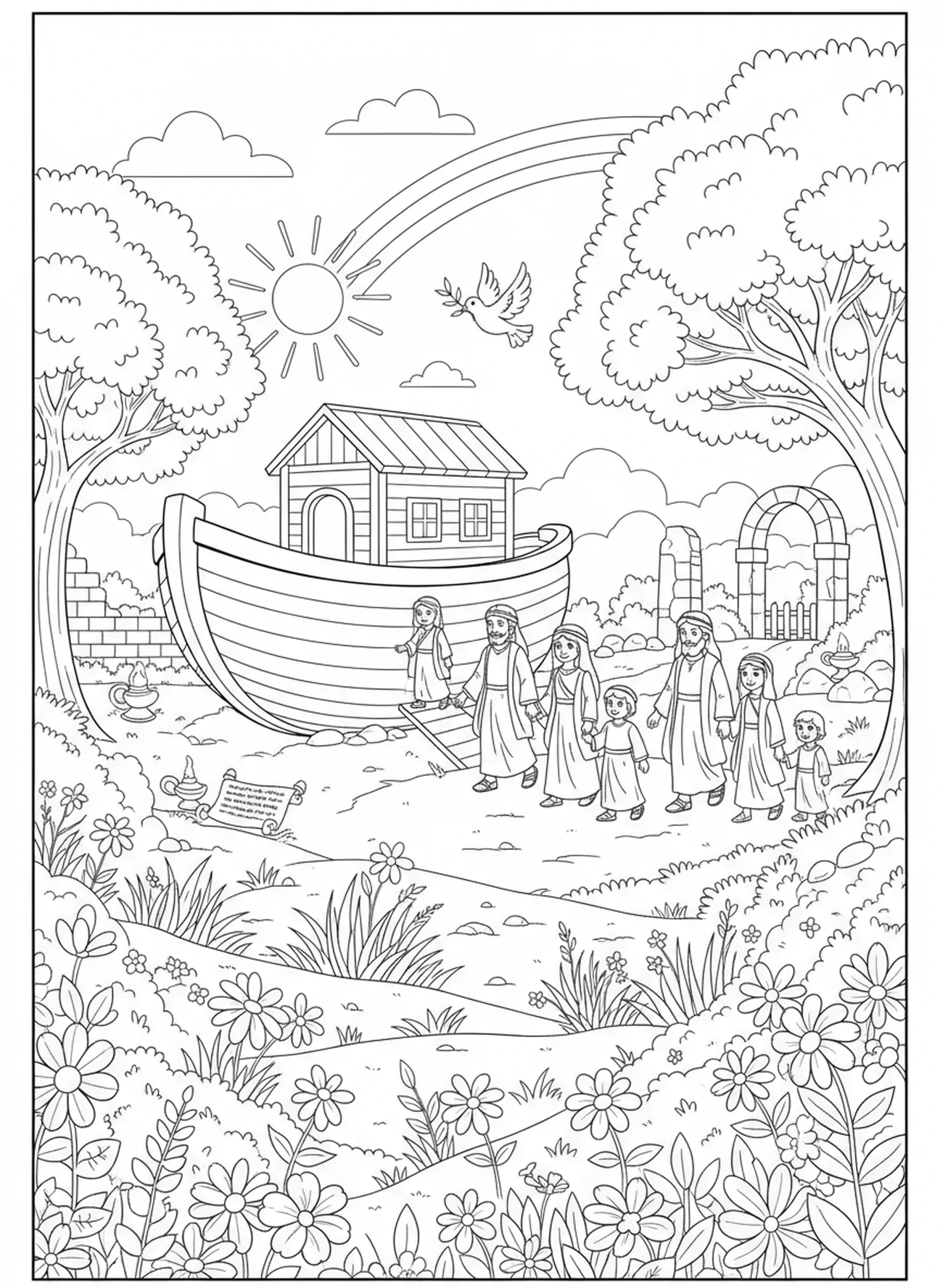 Noah stepping onto dry land, Olive Branch coloring page for Sunday school children age 5-12.
