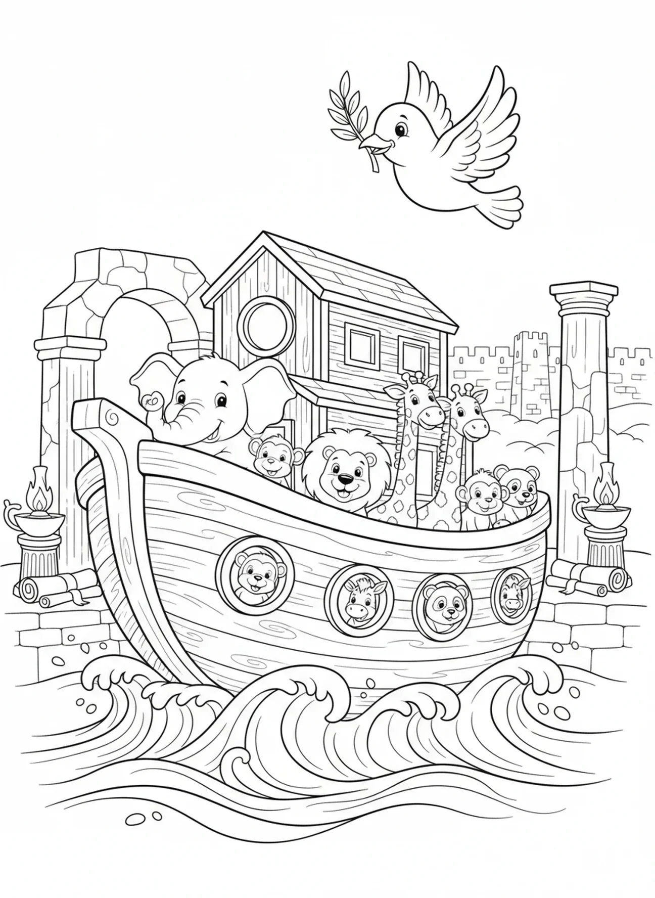 Noah's ark floating, Olive Branch coloring page for Sunday school children age 5-12.