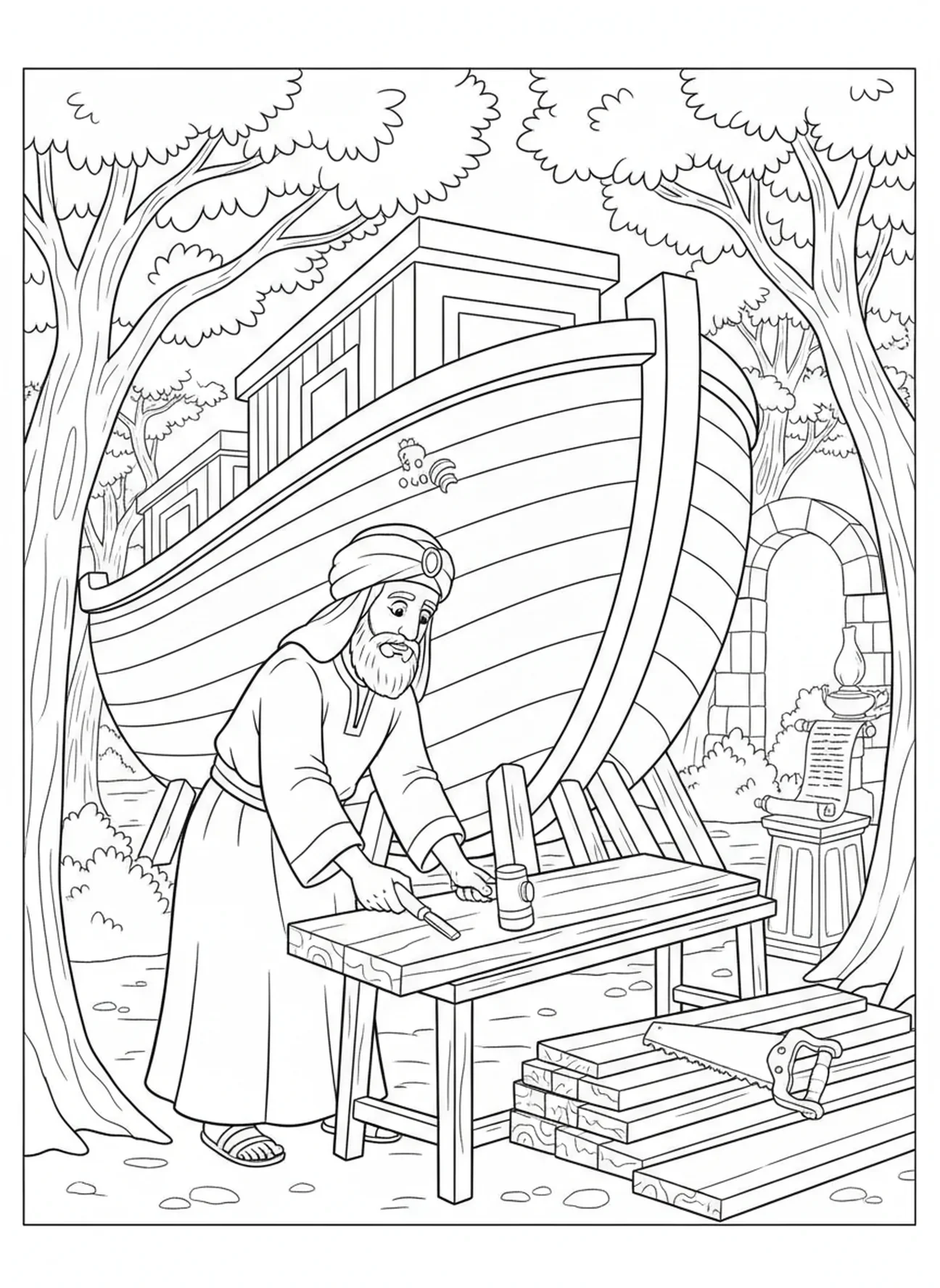 Noah building the ark, Olive Branch coloring page for Sunday school children age 5-12.