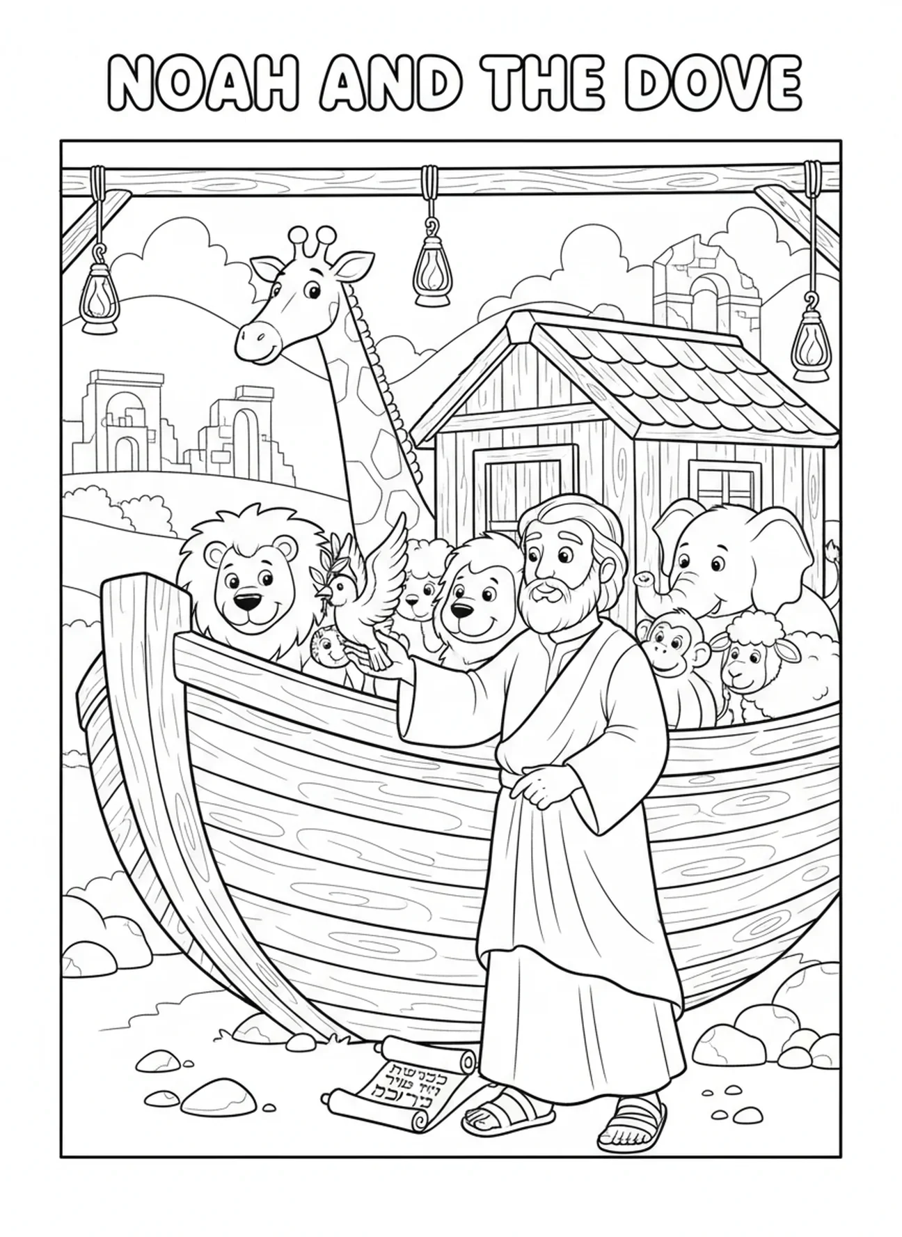 Noah receiving the dove, Olive Branch coloring page for Sunday school children age 5-12.