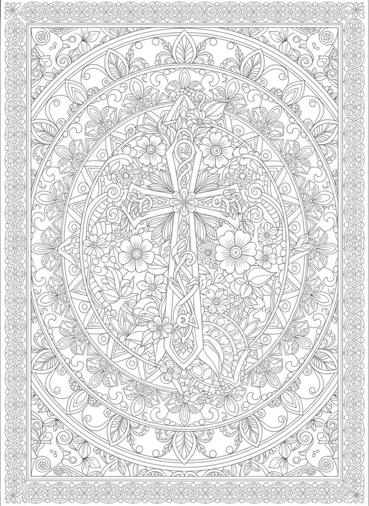 Cruz intricada entre desenhos florais, página de colorir Bíblia com Cruz para adultos no estilo de journaling bíblico.