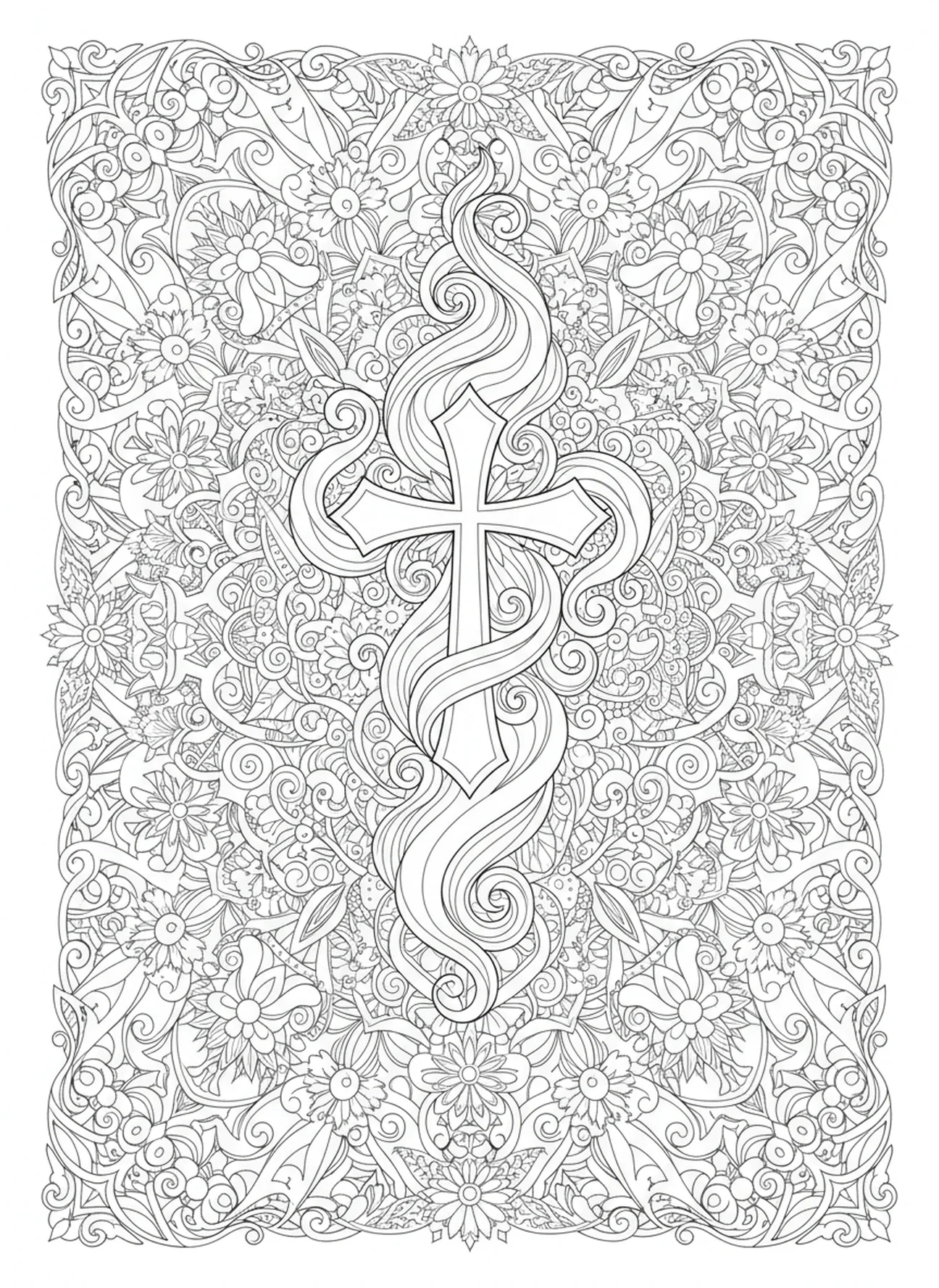 Cruz intrincada cercada por chamas, página de colorir Bíblia com Cruz para adultos no estilo de journaling bíblico.