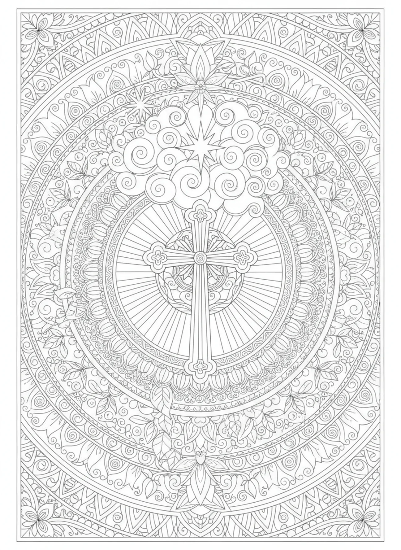Cruz majestosa se elevando em direção às nuvens, página de colorir Bíblia com Cruz para adultos no estilo de journaling bíblico.