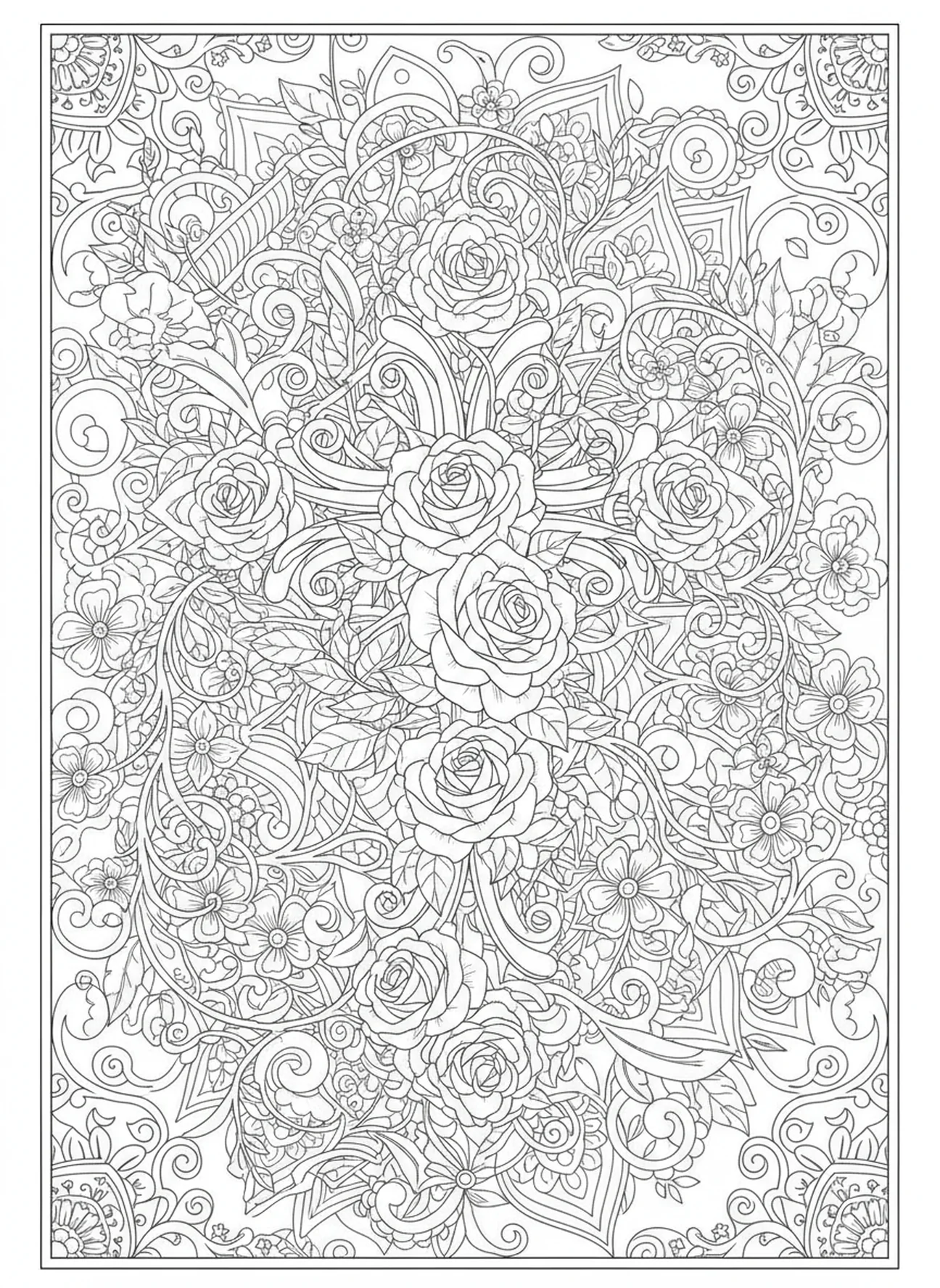Cruz ornamentada decorada com rosas, página de colorir Bíblia com Cruz para adultos no estilo de journaling bíblico.