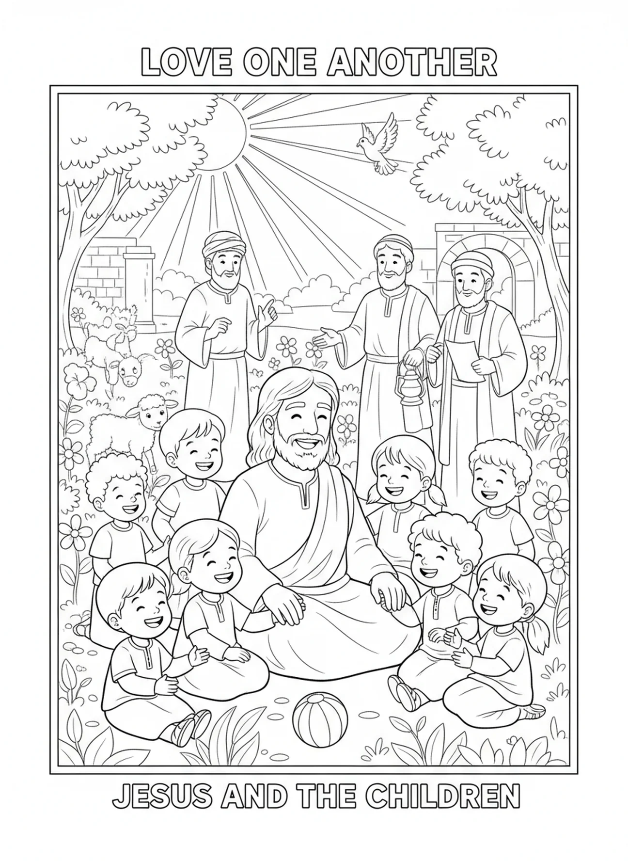 Jésus accueillant des enfants, page à colorier Bible avec Croix pour les enfants de l'École du dimanche âgés de 5 à 12 ans