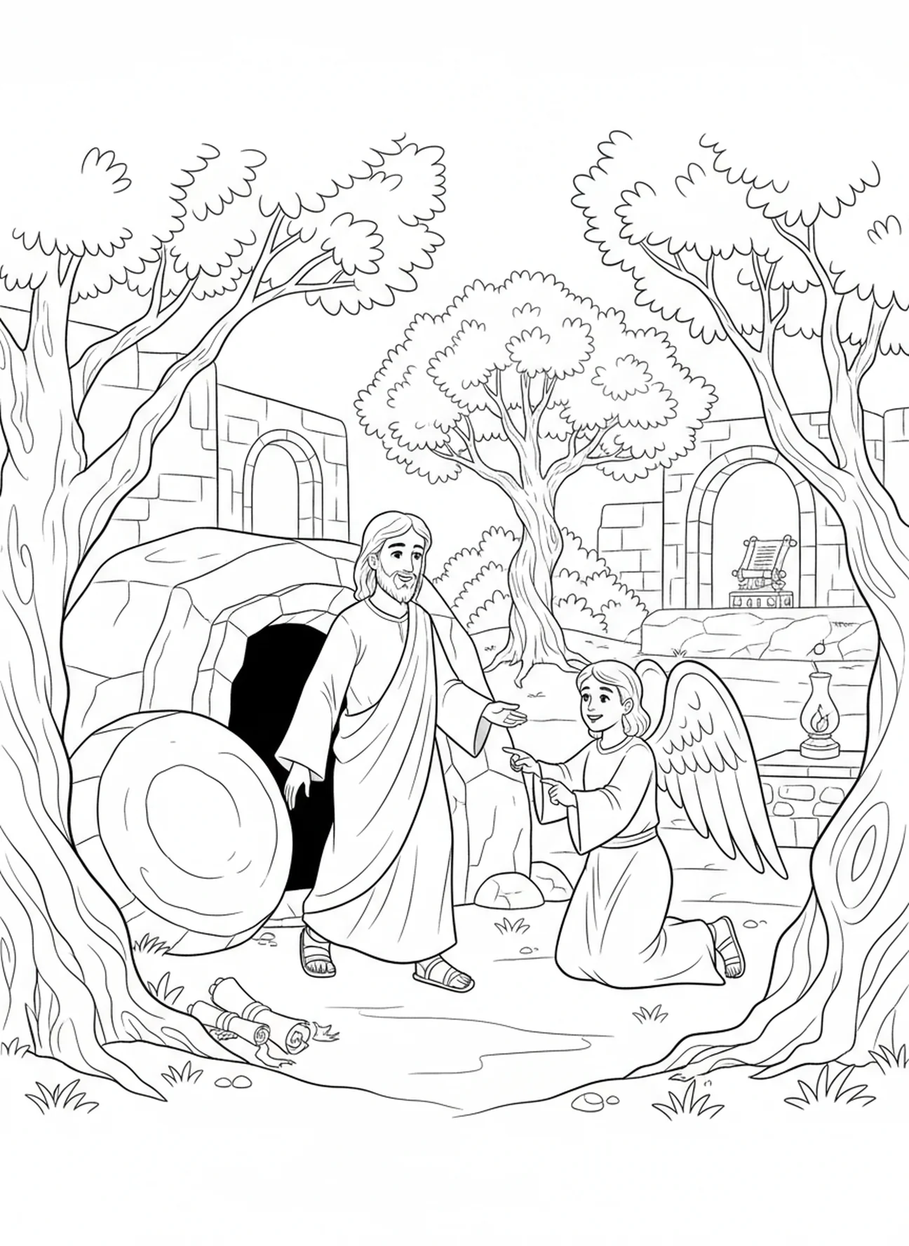 Jésus ressuscité du tombeau, page à colorier Bible avec la Croix pour les enfants de l'École du dimanche âgés de 5 à 12 ans