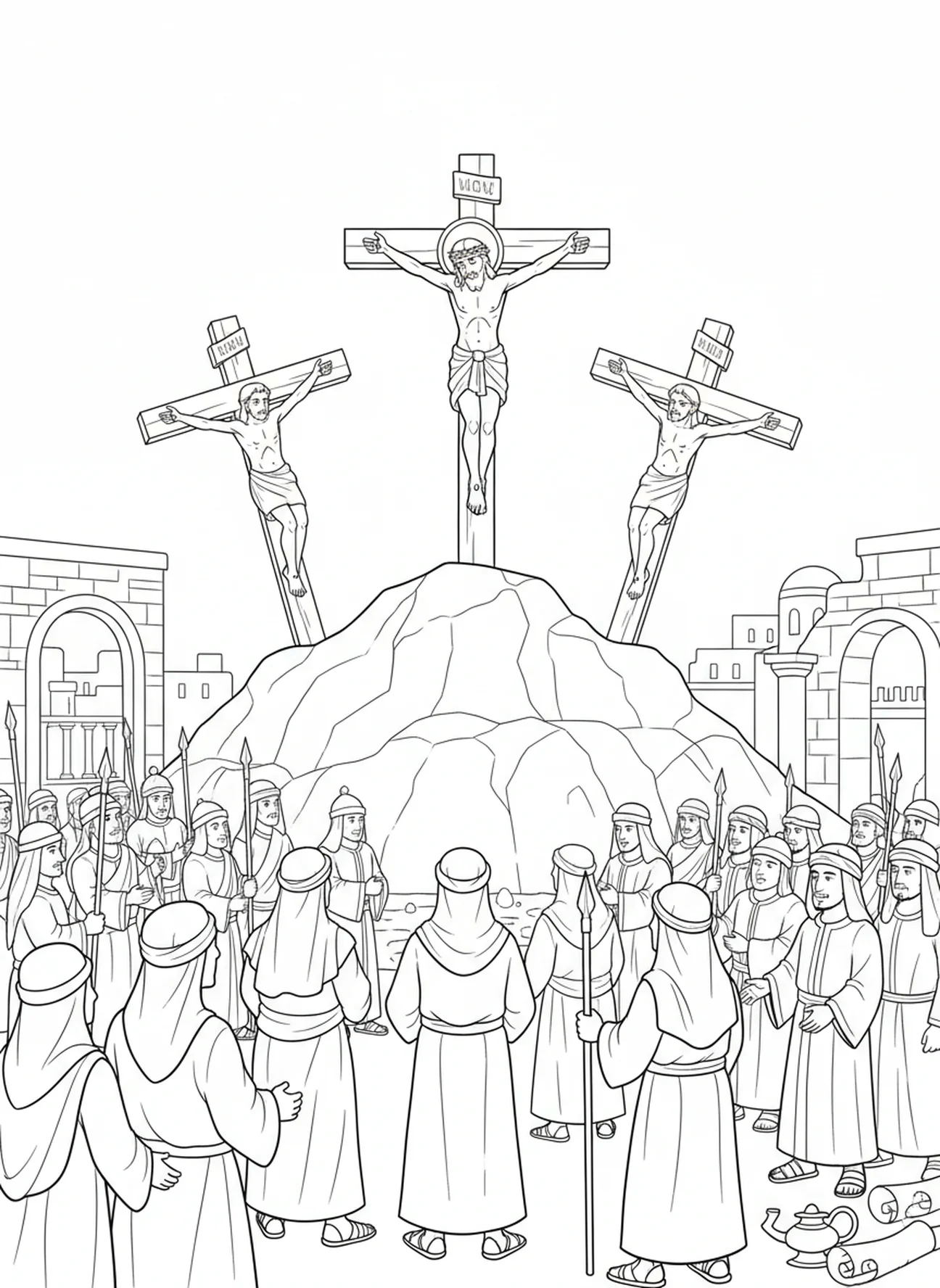 Jésus crucifié sur la croix, page à colorier Bible avec la croix pour les enfants de l'École du dimanche âgés de 5 à 12 ans