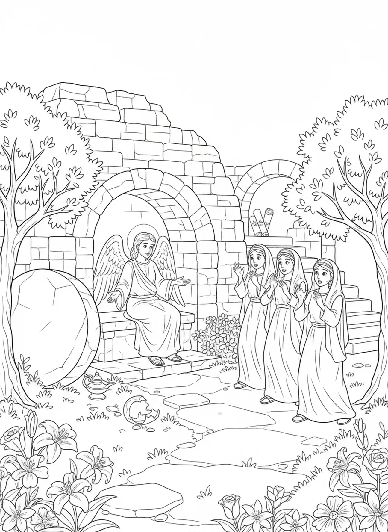 Femmes au tombeau vide, page à colorier Bible avec Croix pour les enfants de l'École du dimanche âgés de 5 à 12 ans