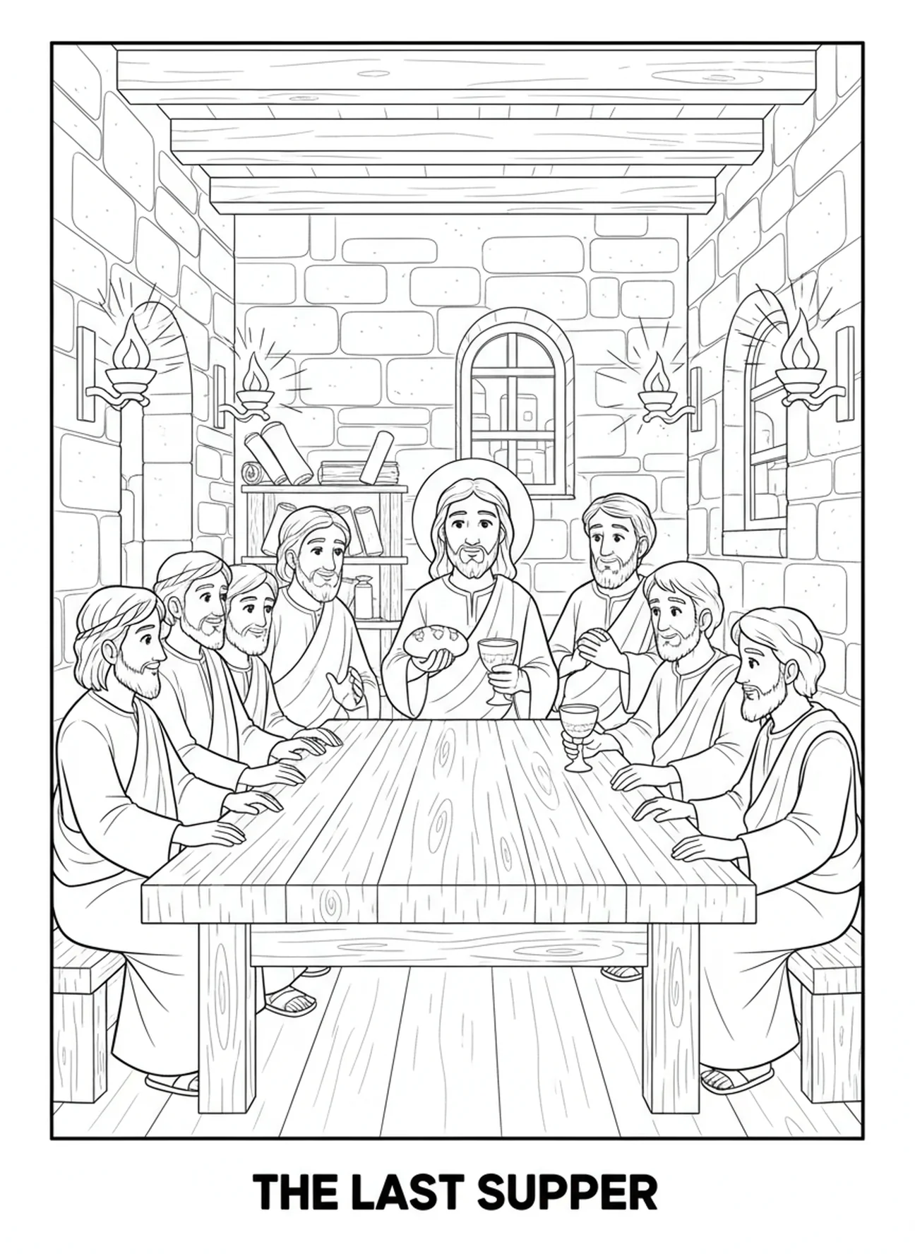 Jésus à la Dernière Cène, page à colorier Biblique avec Croix pour les enfants de l'École du dimanche âgés de 5 à 12 ans