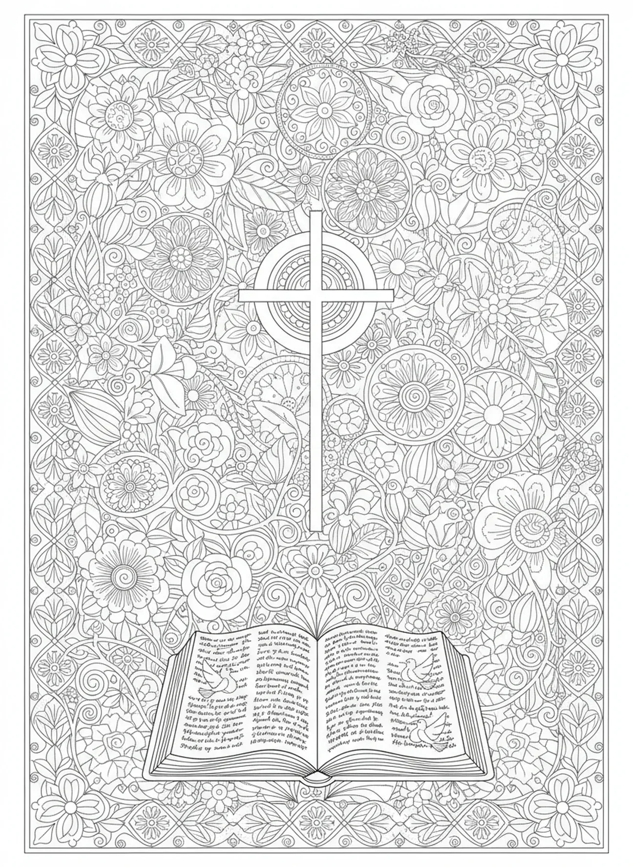 Página de colorir da Cruz Cercada por Flores no estilo de journaling bíblico para adultos