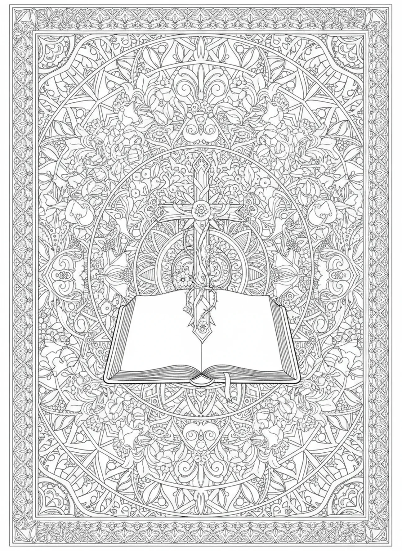 Página para colorir da Cruz Dentro de Moldura Floral no estilo de journaling bíblico para adultos