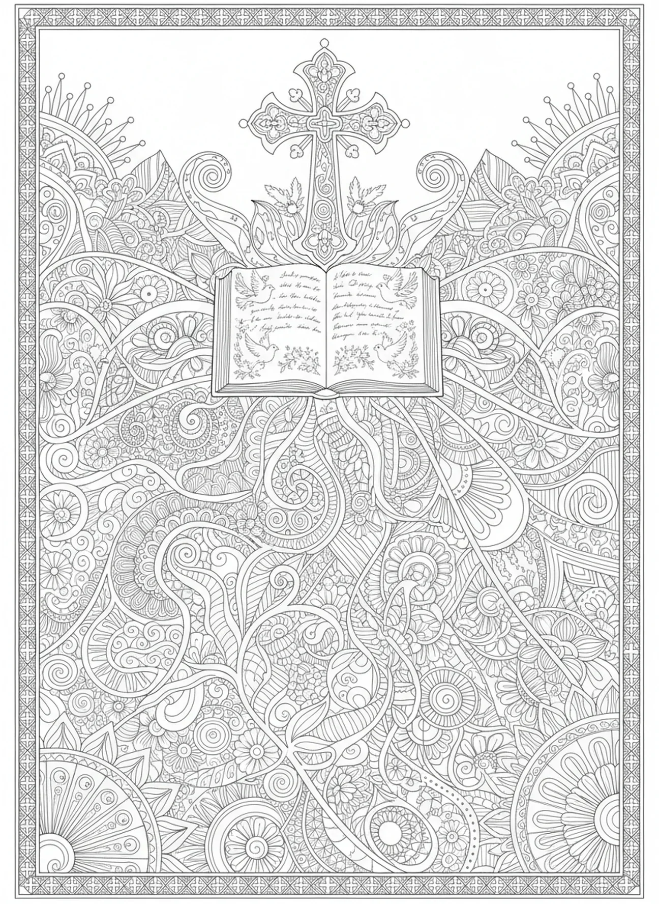 Bíblia e Cruz com Mandala página para colorir estilo journaling bíblico para adultos