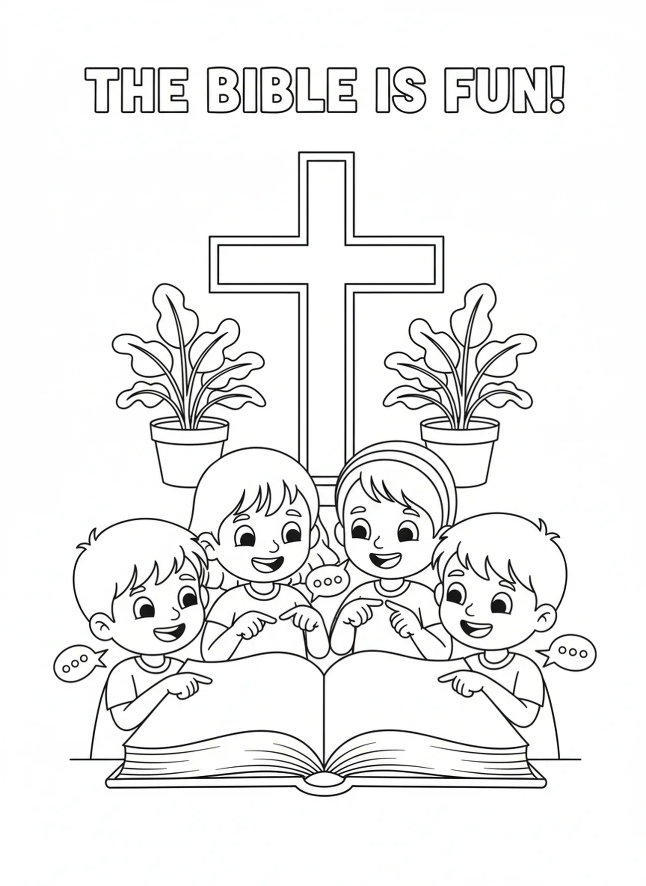 Bibelstudiengruppe mit Ausmalbild von einer offenen Bibel mit Kreuz für Kinder im Alter von 5-10 Jahren