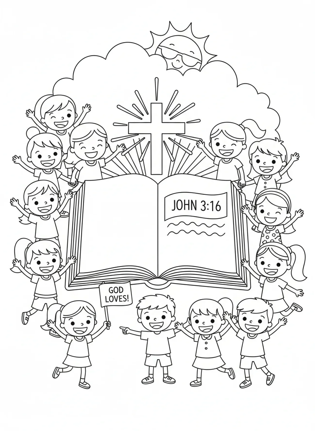 Illustration eines Bibelverses mit einer offenen Bibel und einem Kreuz, Ausmalbild für Kinder im Alter von 5-10 Jahren