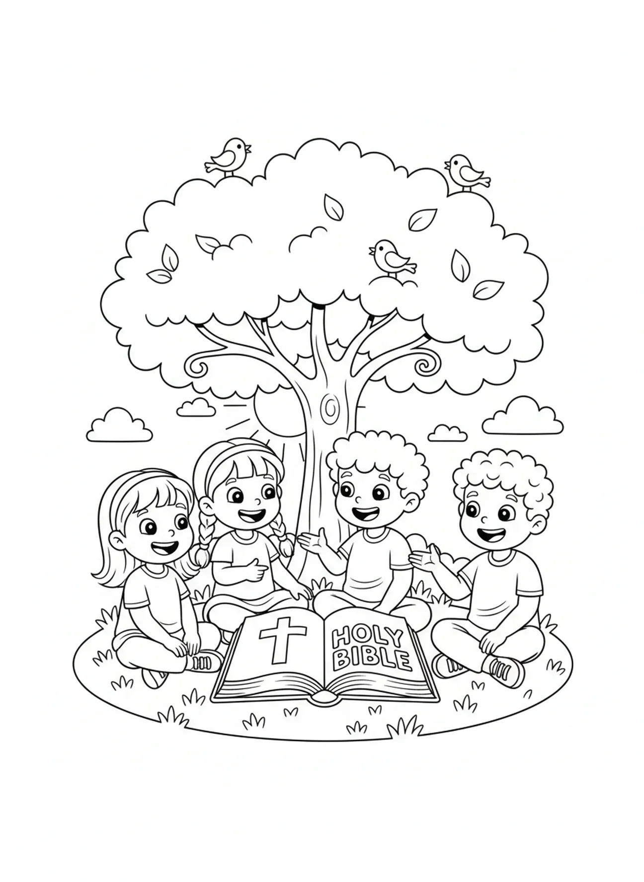 Kinder versammeln sich um eine offene Bibel mit Kreuz Ausmalbild für Kinder im Alter von 5-10 Jahren