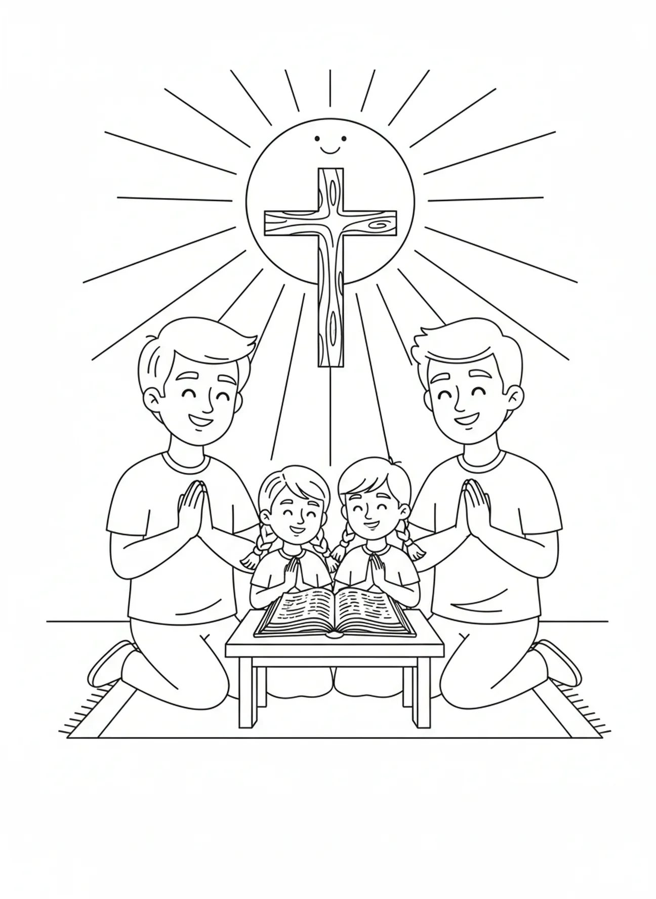 Familie betet mit offener Bibel und Kreuz Ausmalbild für Kinder im Alter von 5-10 Jahren