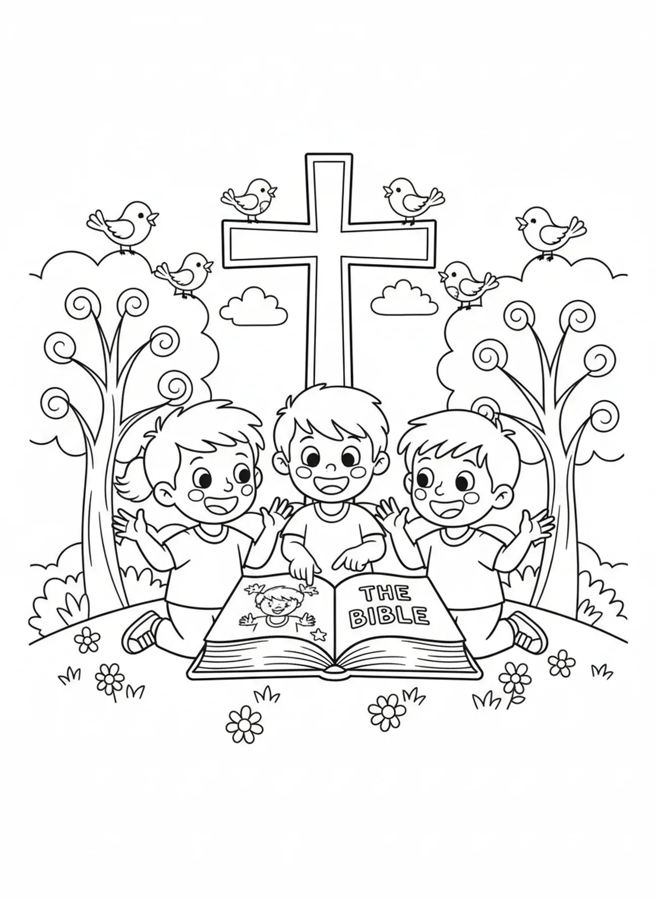 Biblische Geschichten teilen mit der Ausmalseite 'Offene Bibel mit Kreuz' für Kinder im Alter von 5-10 Jahren