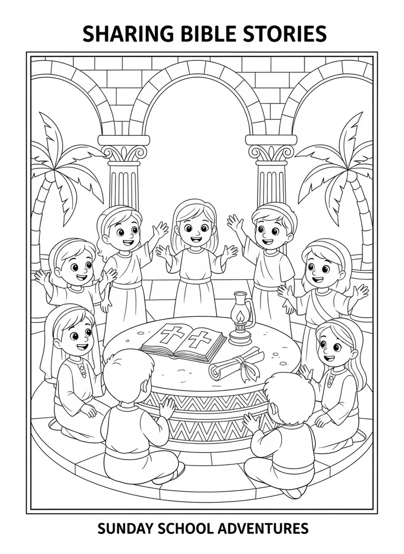 Enfants dans un cercle d'étude biblique, page à colorier Bible ouverte avec une croix pour les enfants de l'école du dimanche âgés de 5 à 12 ans.