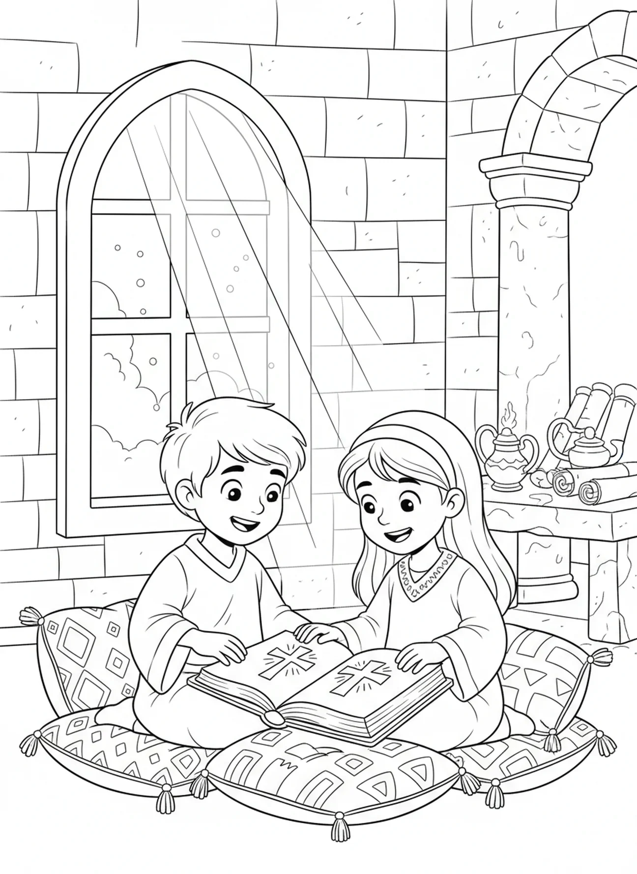 Deux enfants lisant la Bible, page à colorier Bible ouverte avec croix pour les enfants de l'École du dimanche âgés de 5 à 12 ans.
