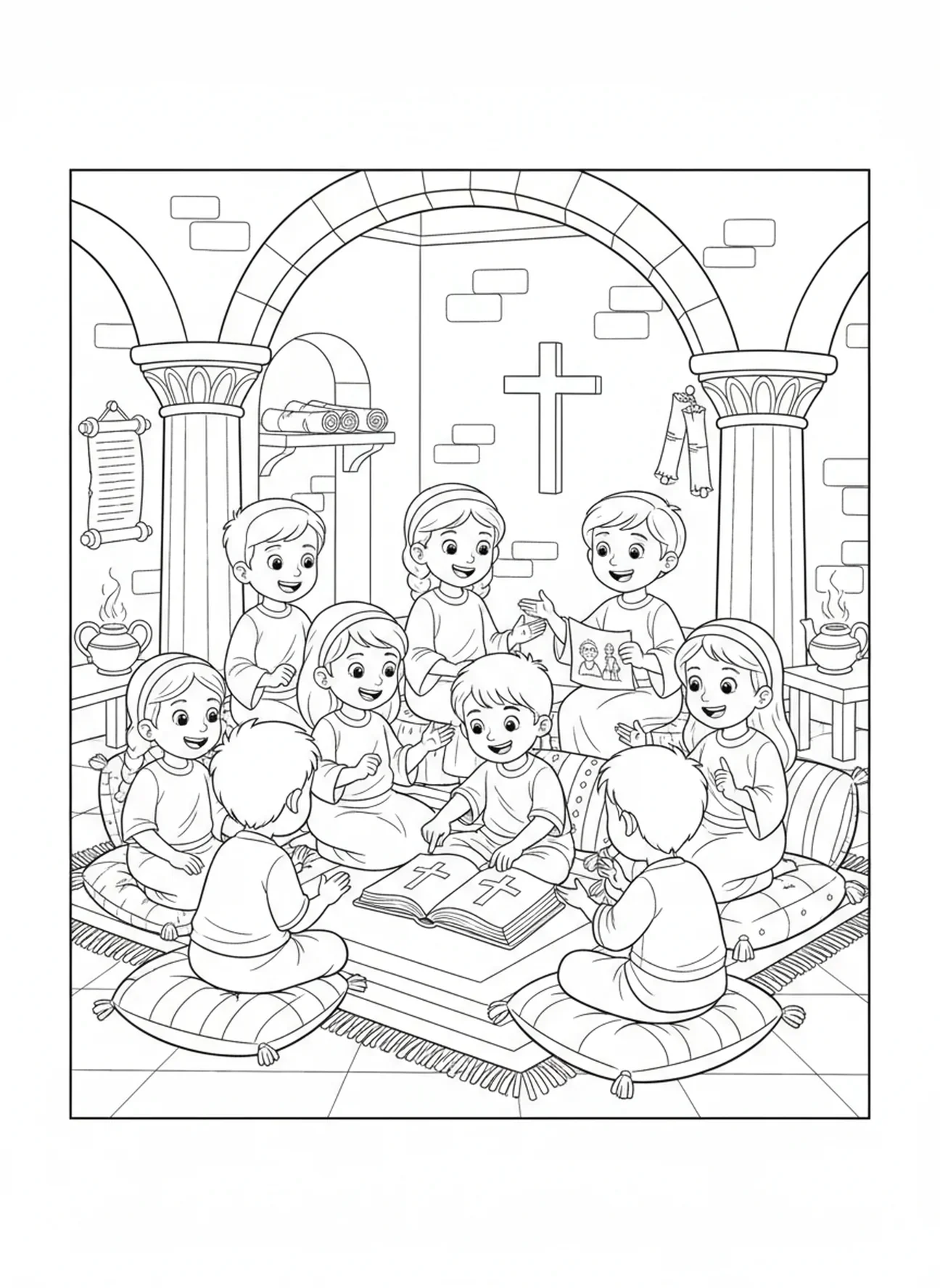 Groupe d'enfants rassemblés, page à colorier Bible ouverte avec croix pour les enfants de l'École du dimanche âgés de 5 à 12 ans.